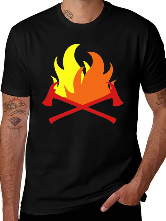 Firefighter Axes Flames Graphic Tee - Black Cotton