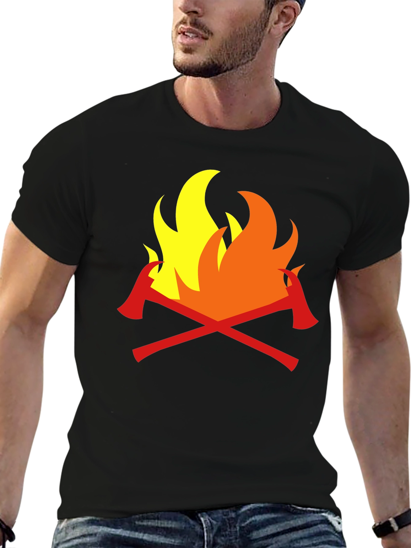 Firefighter Axes Flames Graphic Tee - Black Cotton