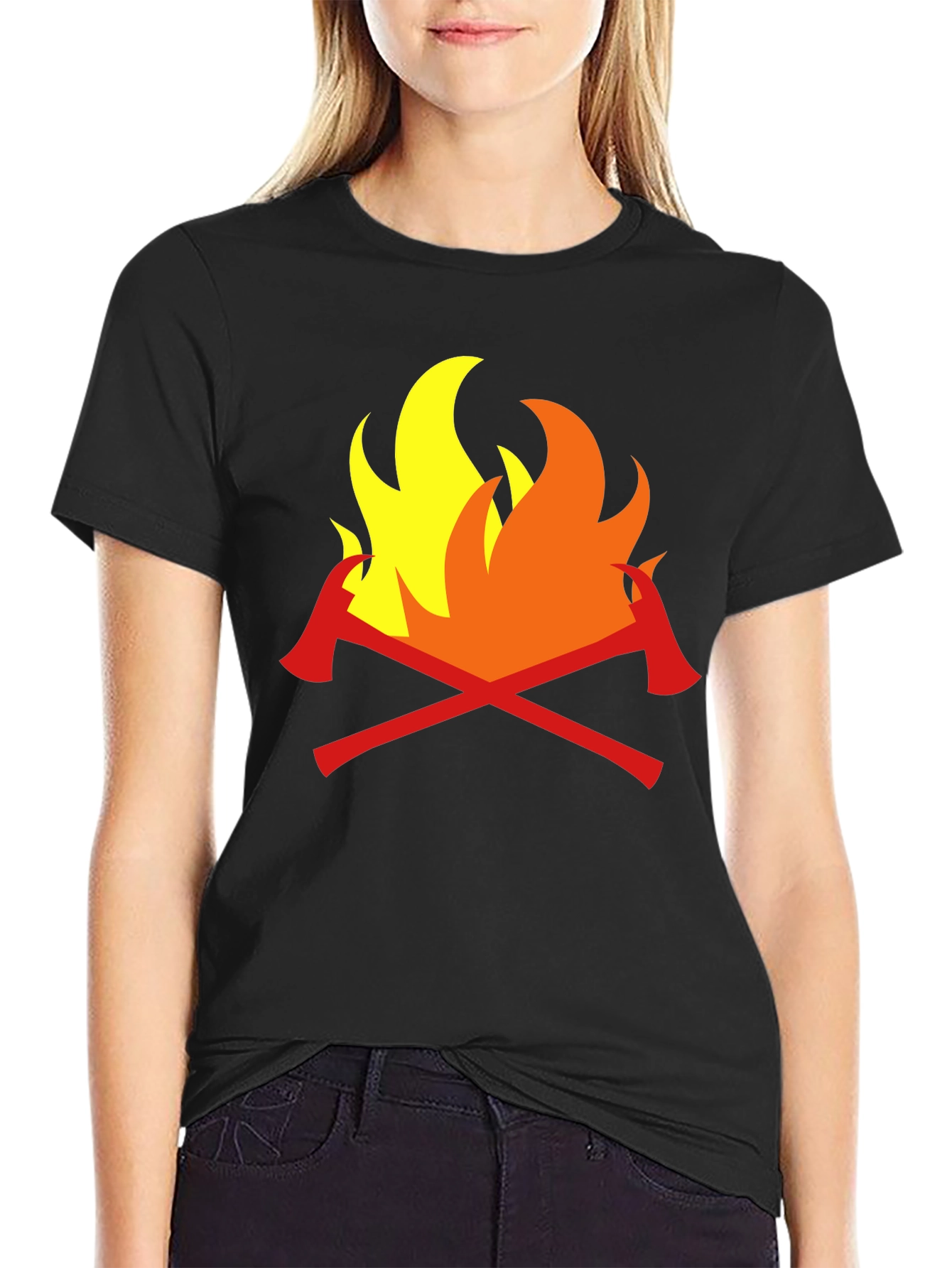 Firefighter Axes Flames Graphic Tee - Black Cotton