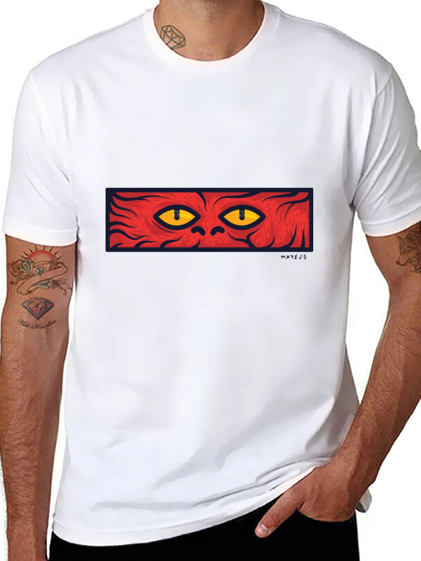 Mens Black T-Shirt with Red Cat Eyes Graphic
