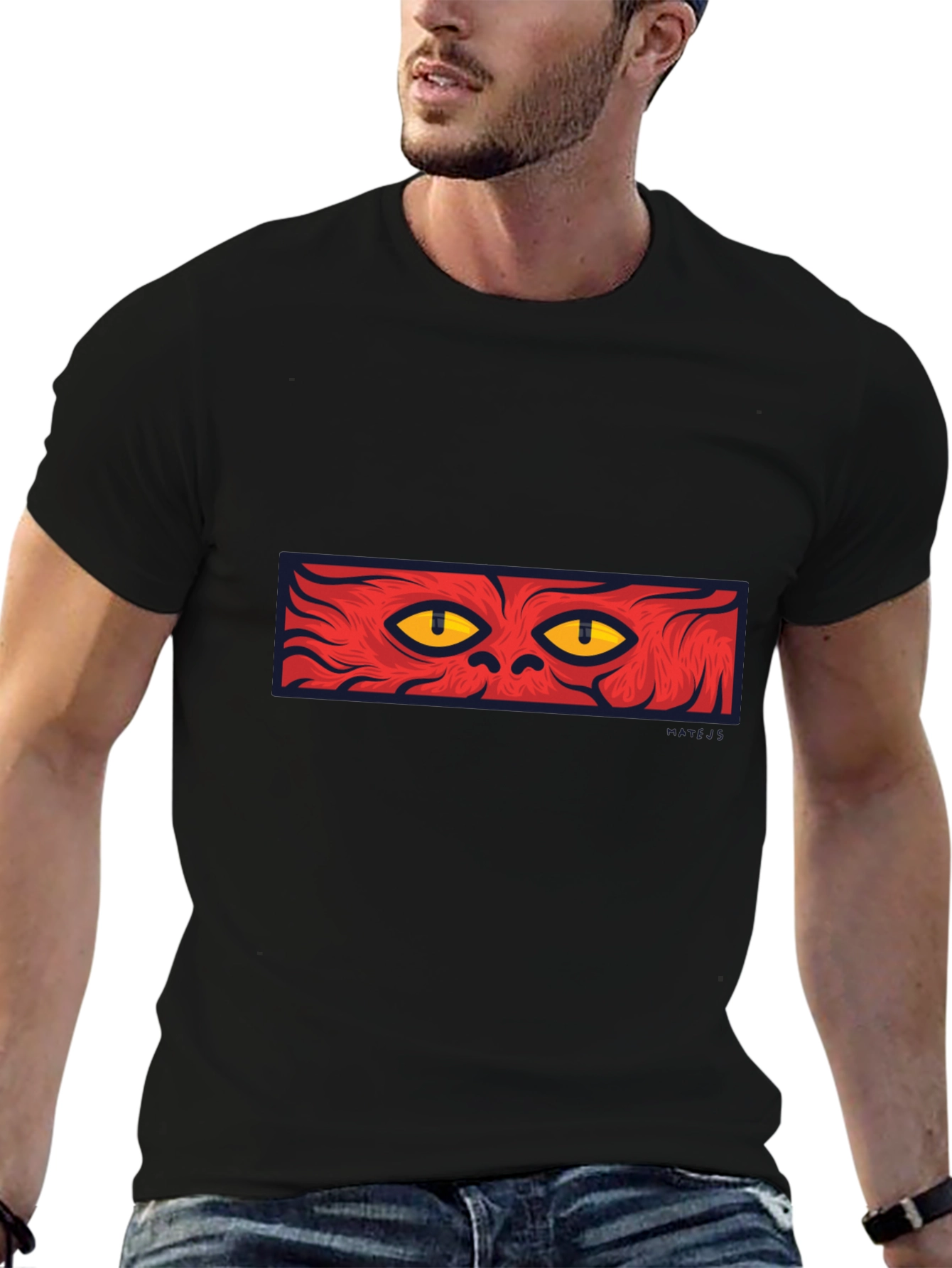 Mens Black T-Shirt with Red Cat Eyes Graphic