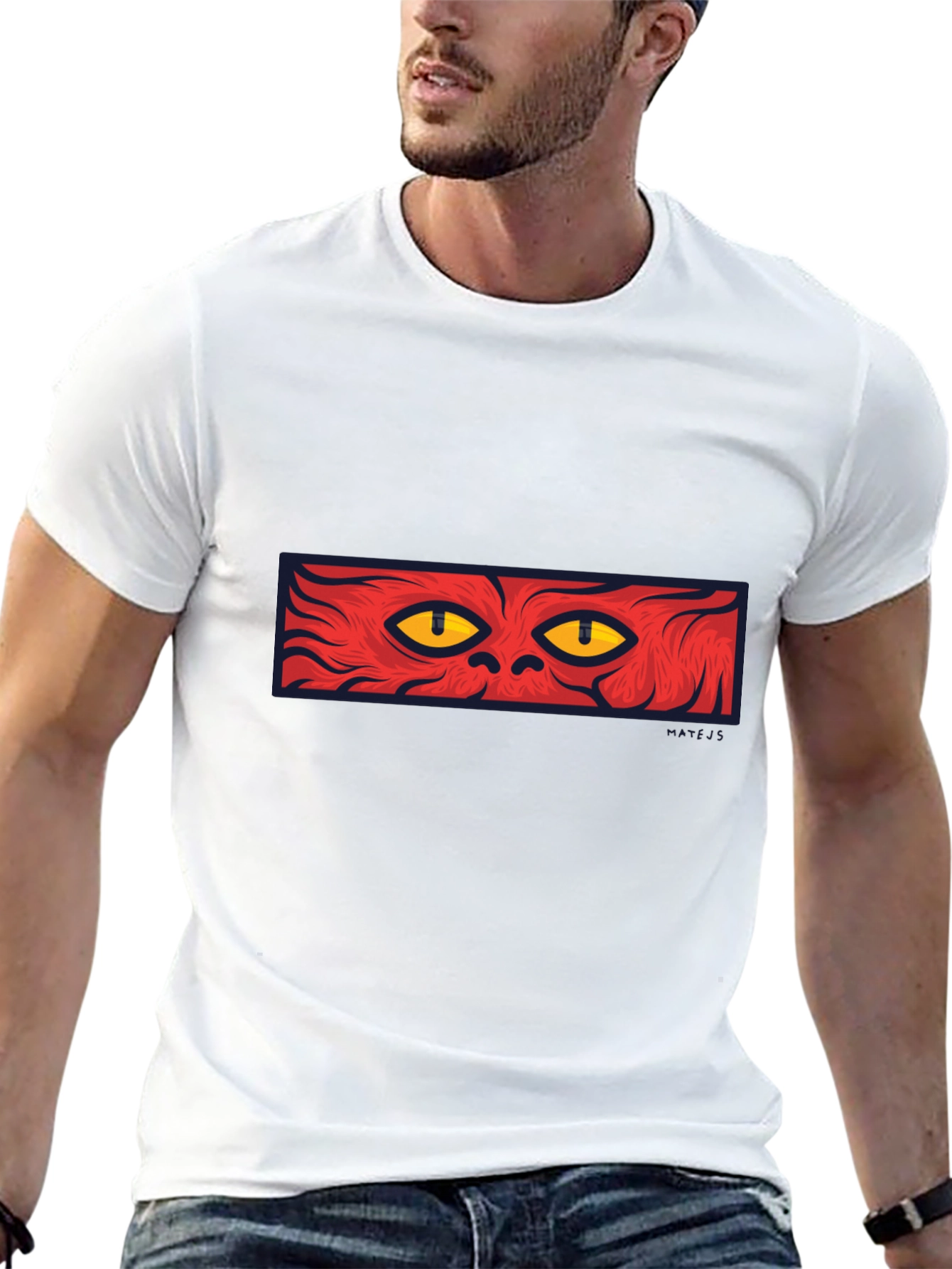 Mens Black T-Shirt with Red Cat Eyes Graphic