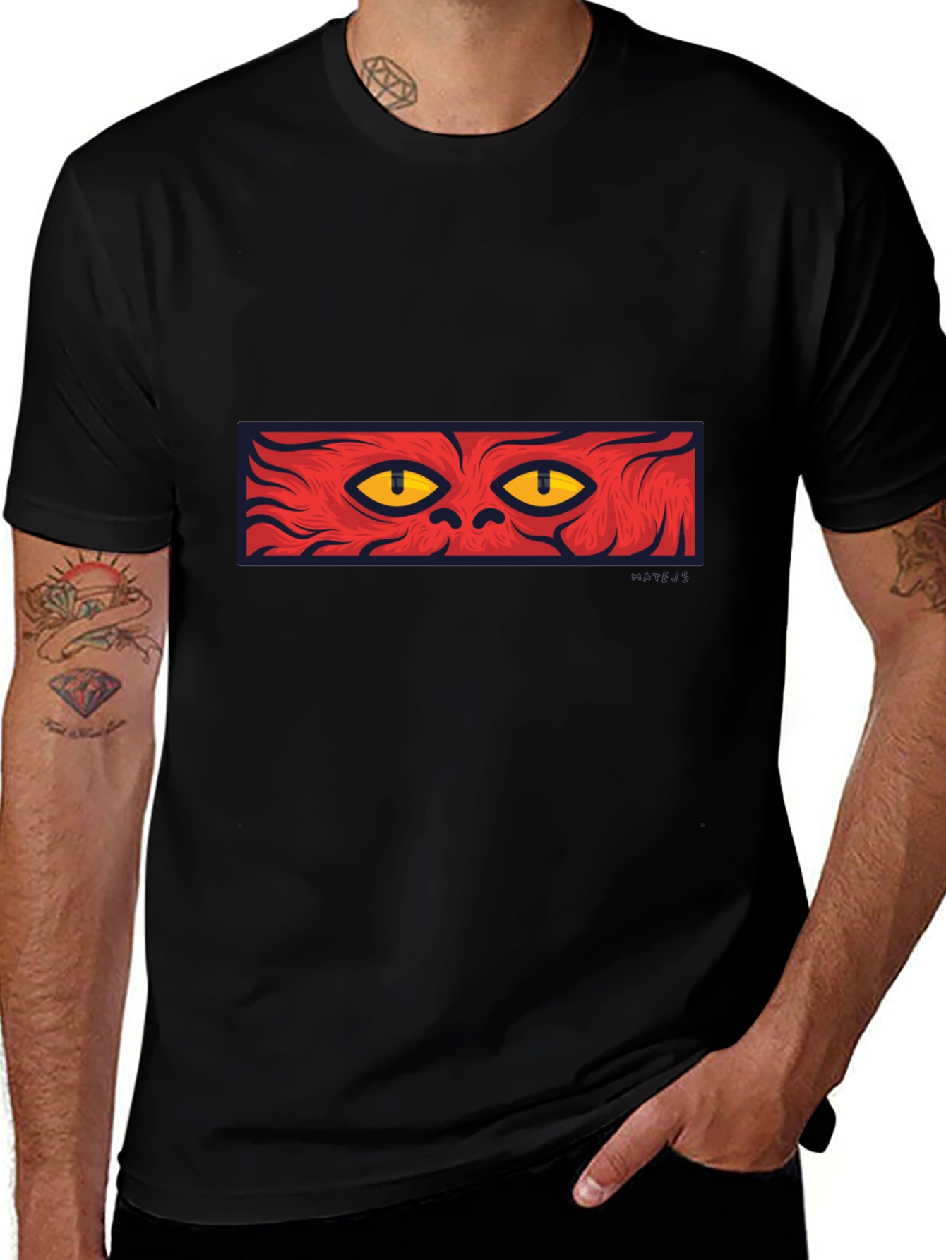 Mens Black T-Shirt with Red Cat Eyes Graphic