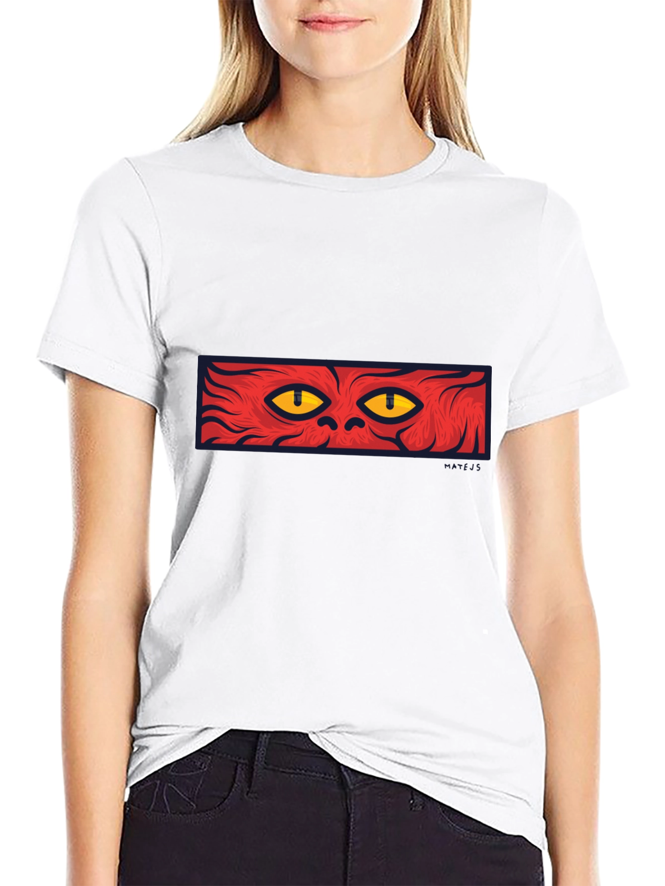 Mens Black T-Shirt with Red Cat Eyes Graphic