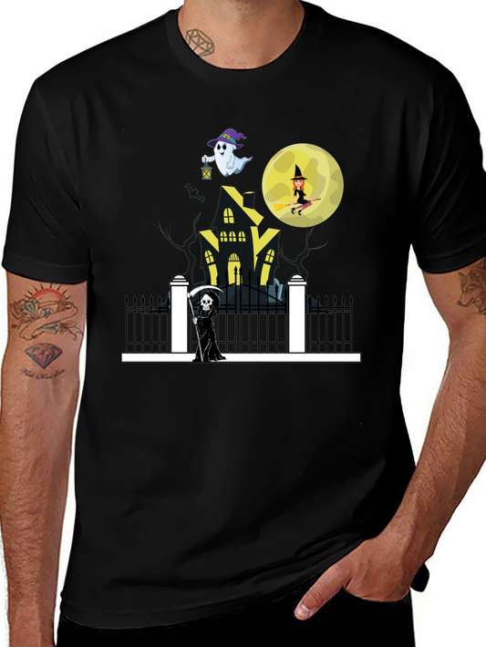 Halloween Graphic Tee - Grim Reaper Witch Ghost Haunted House