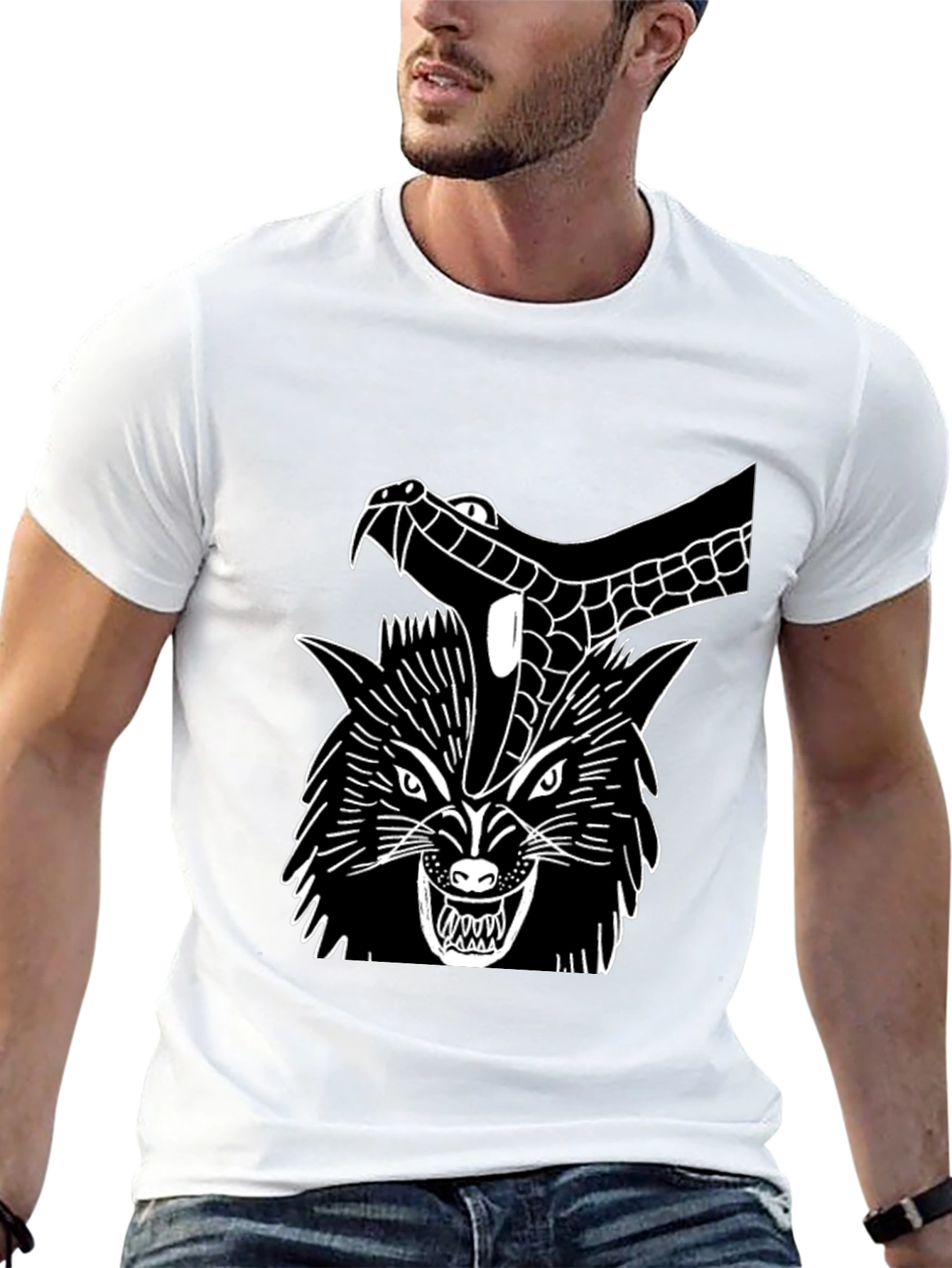 Black T-Shirt Wolf Snake Graphic Tee