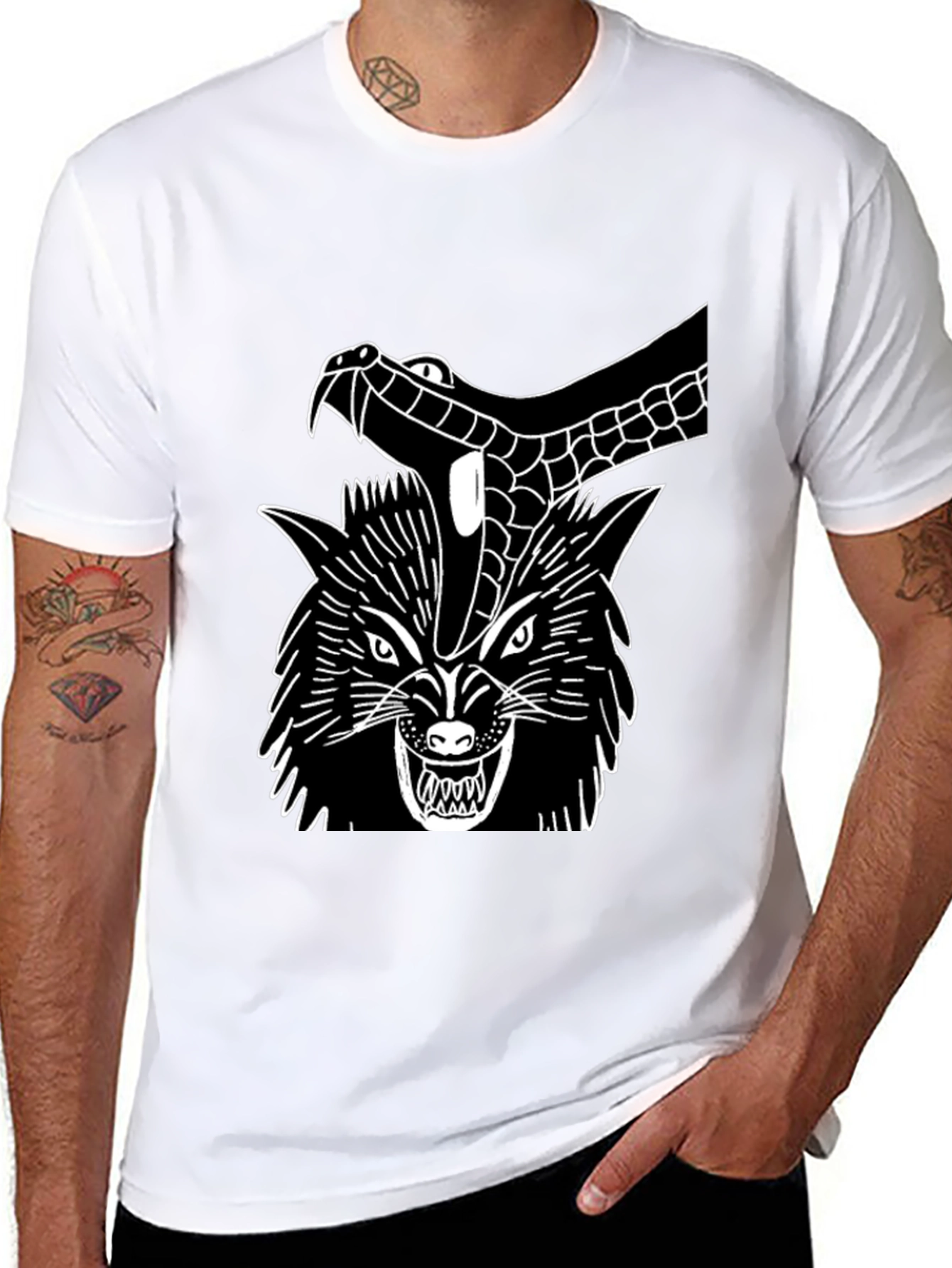 Black T-Shirt Wolf Snake Graphic Tee