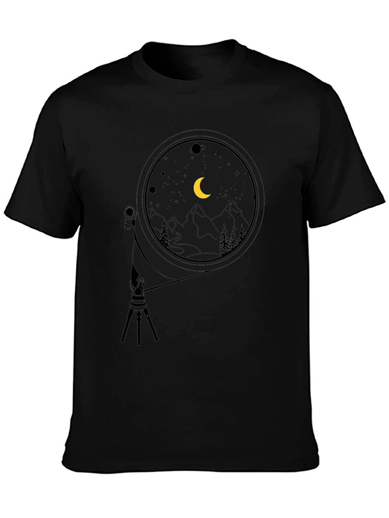 Night Sky Telescope Graphic Tee - Black Cotton