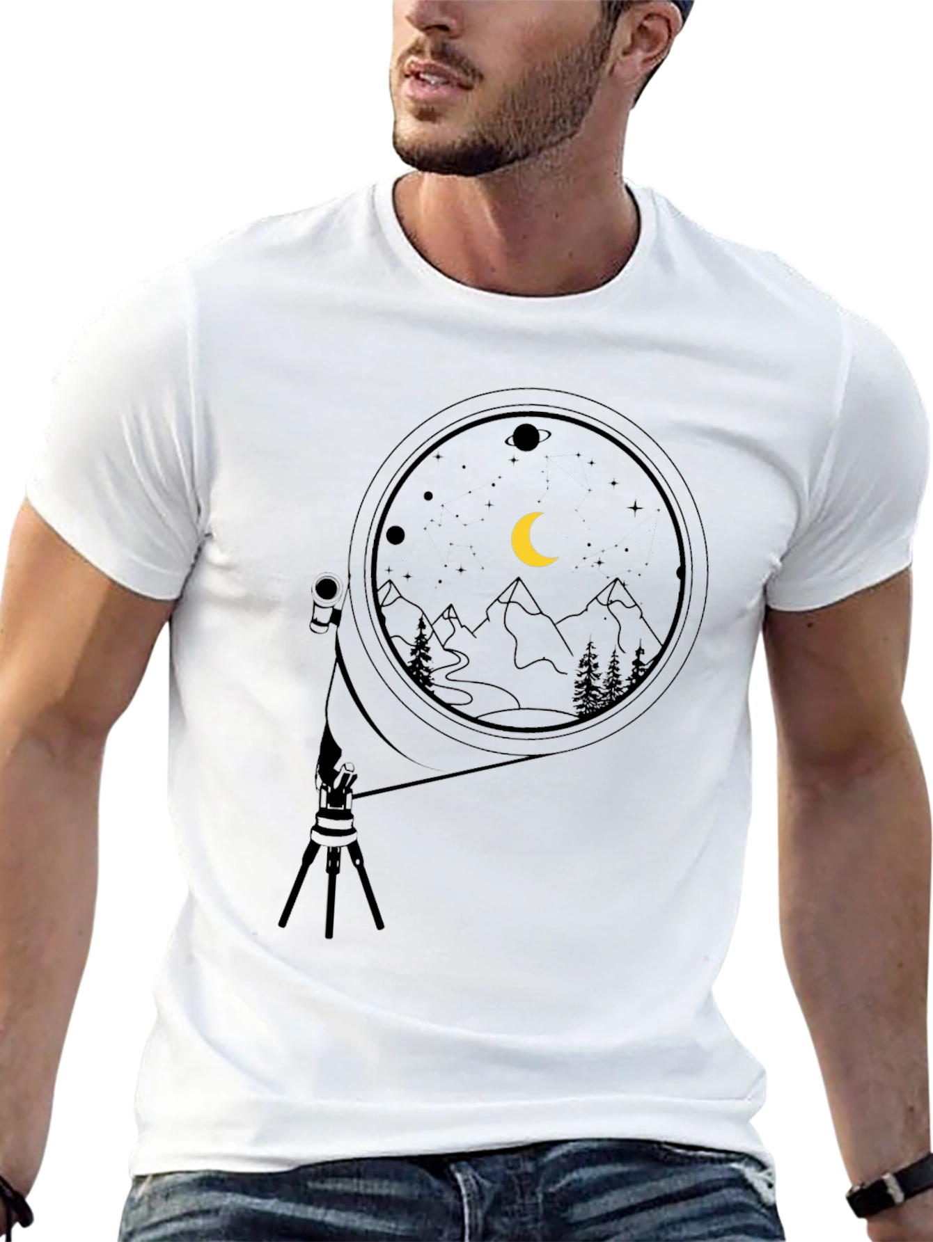 Night Sky Telescope Graphic Tee - Black Cotton