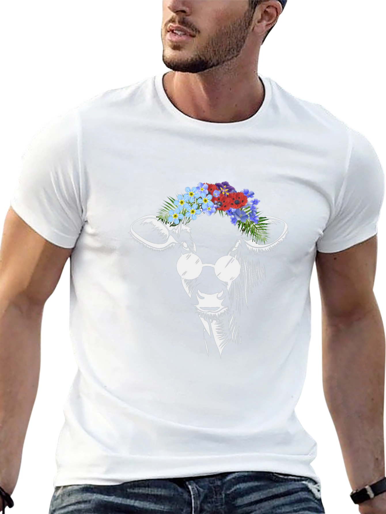 Cow with Flowers and Glasses T-Shirt - Black