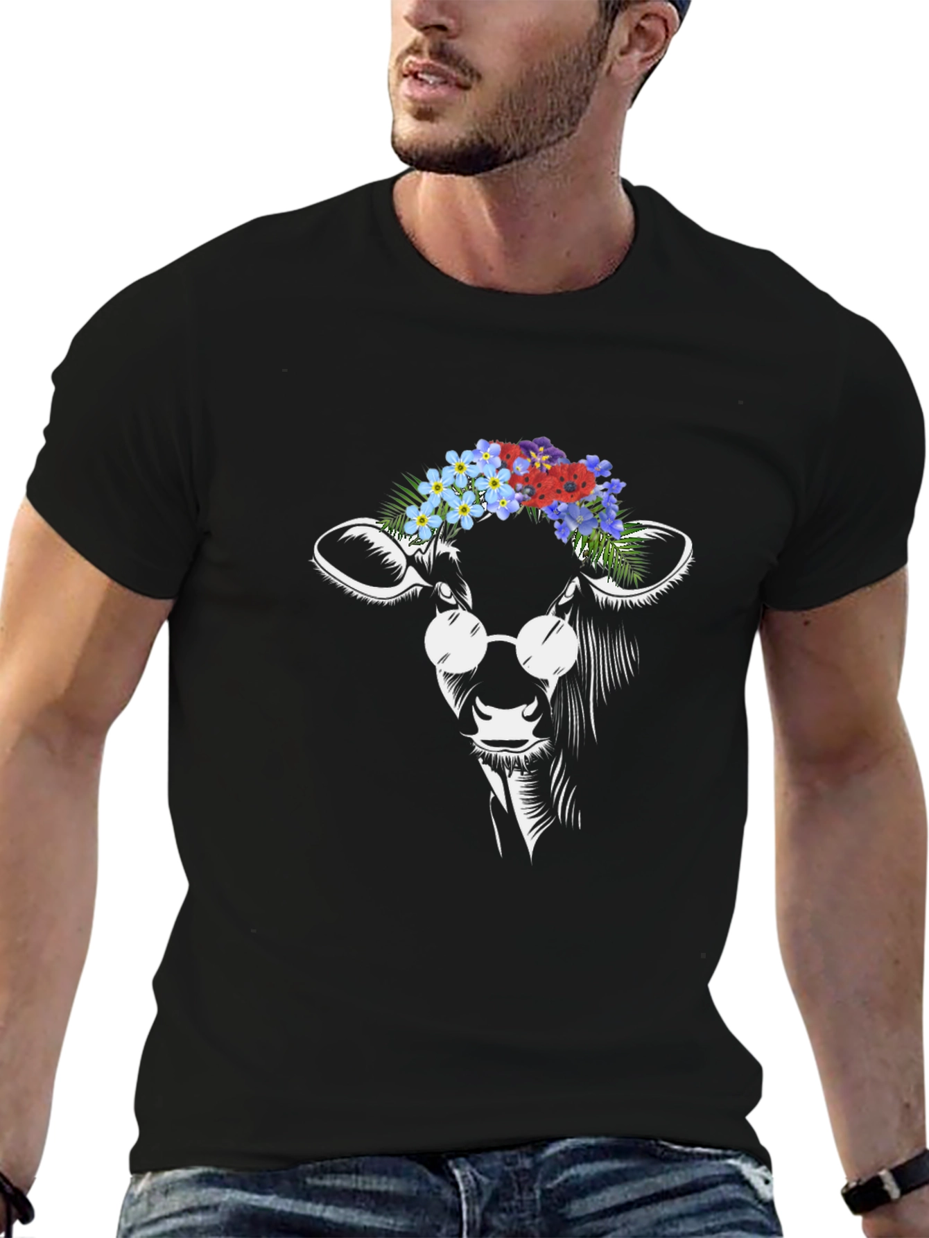Cow with Flowers and Glasses T-Shirt - Black