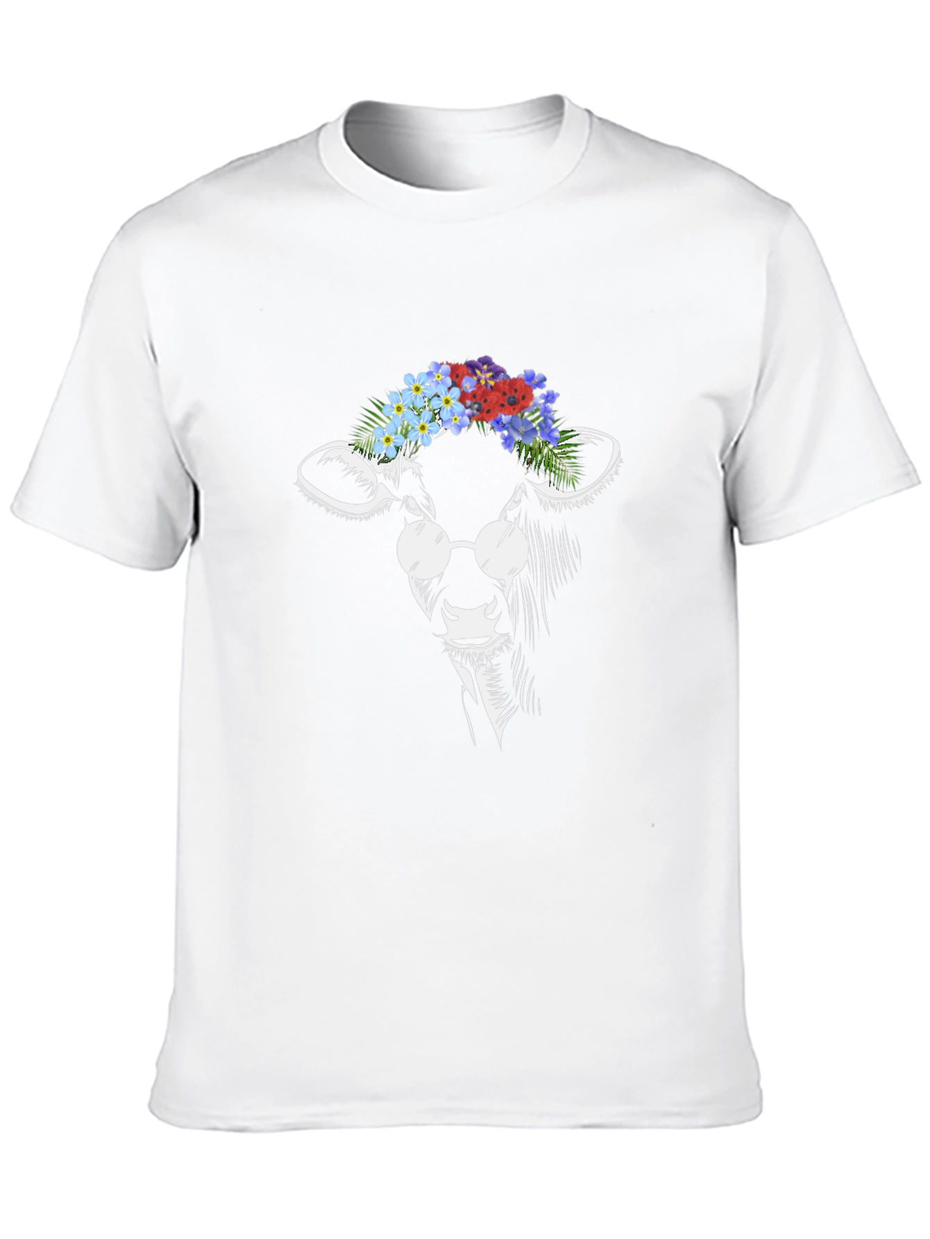 Cow with Flowers and Glasses T-Shirt - Black