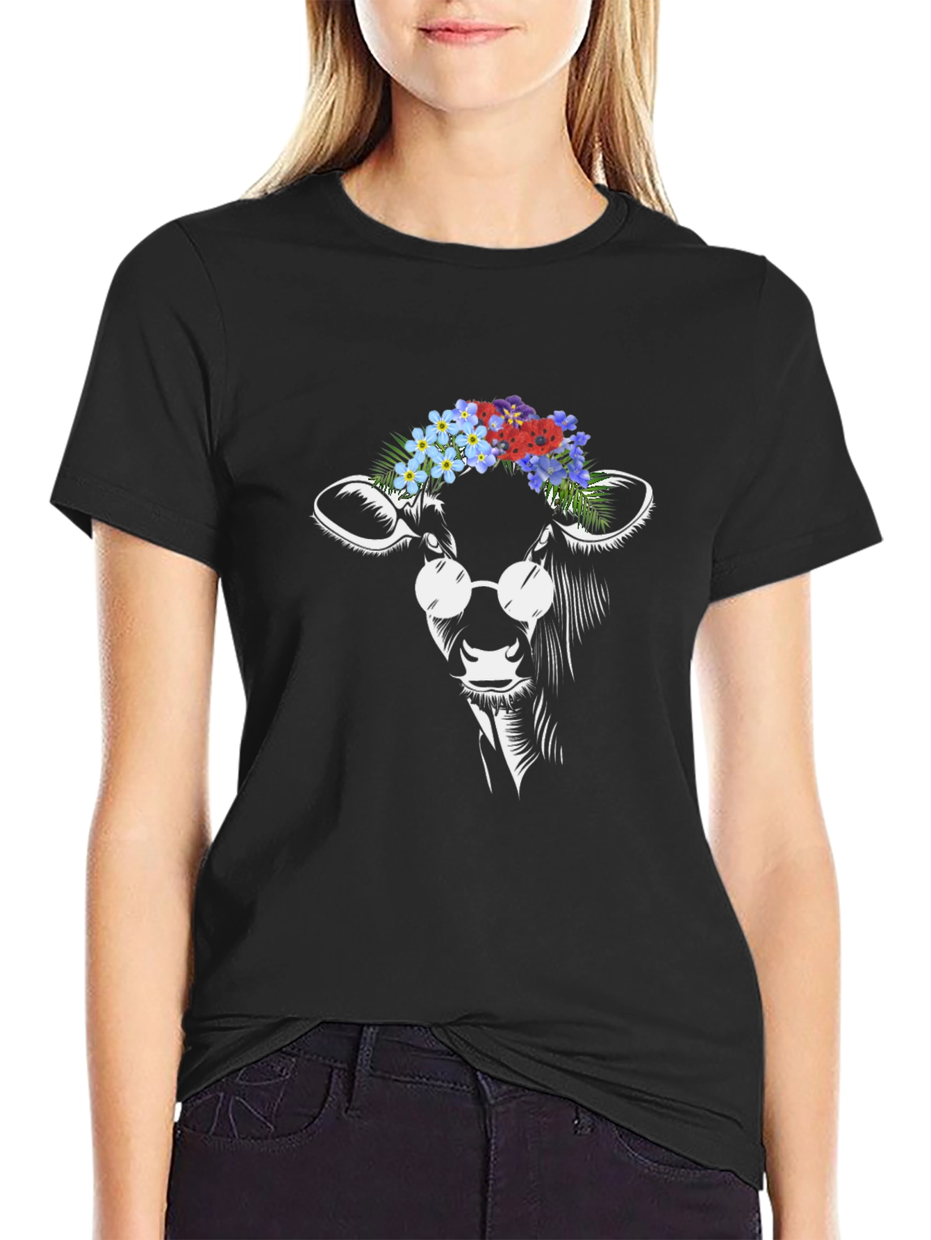 Cow with Flowers and Glasses T-Shirt - Black