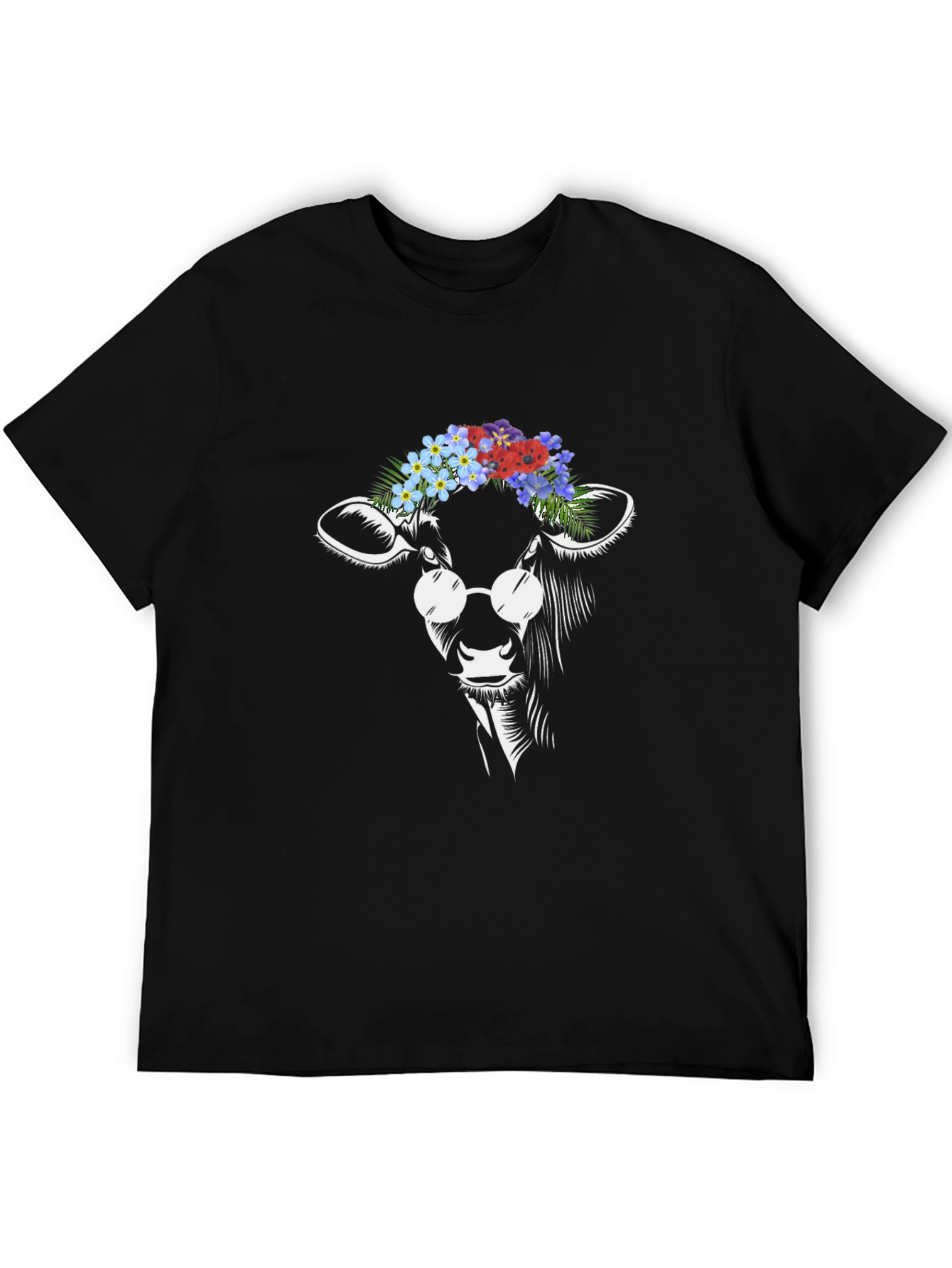 Cow with Flowers and Glasses T-Shirt - Black