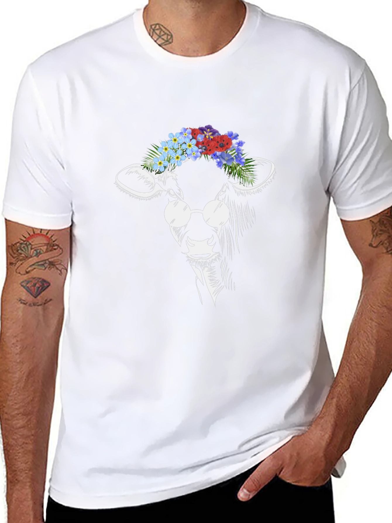Cow with Flowers and Glasses T-Shirt - Black