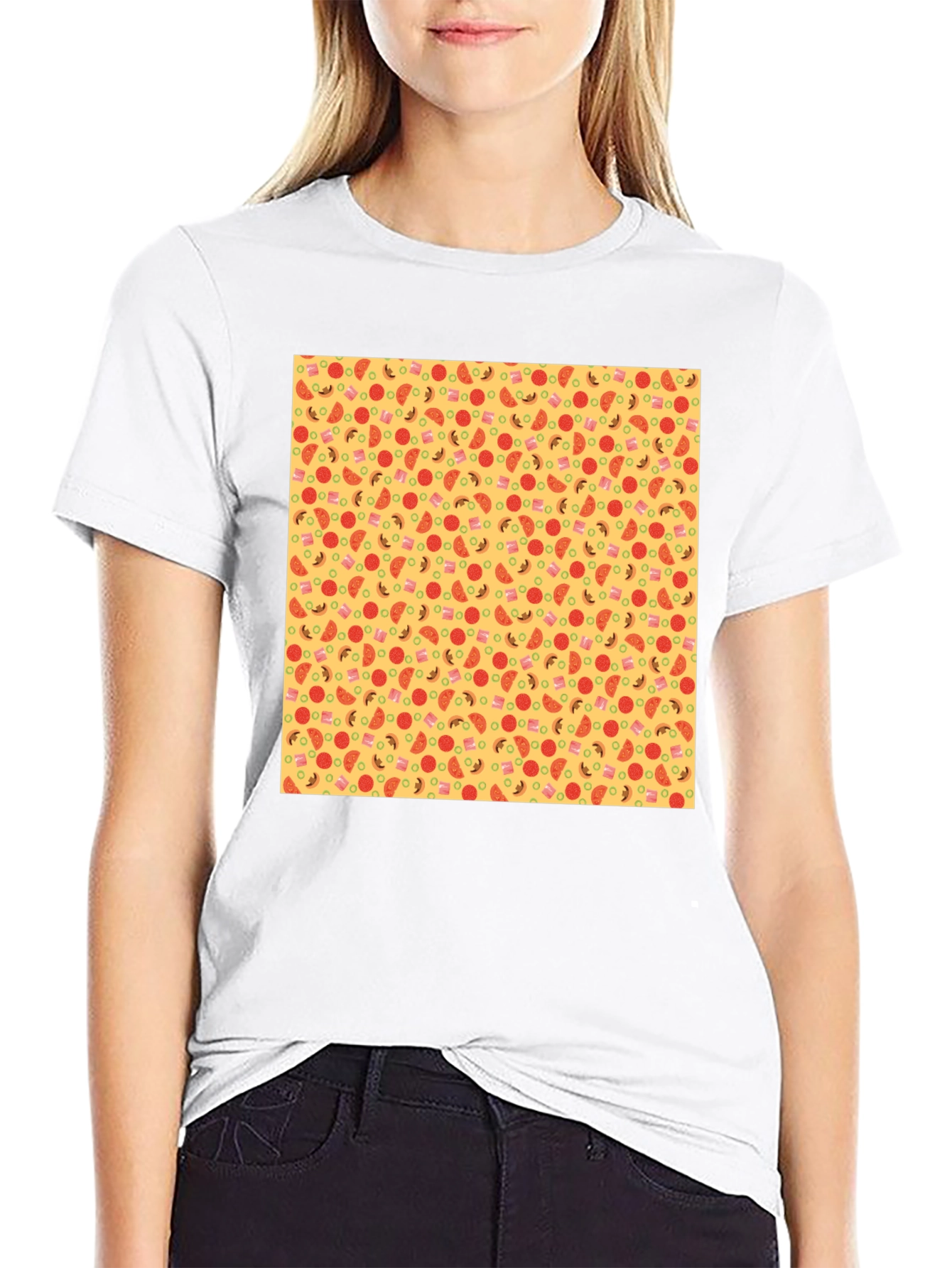 Novelty Pizza Print Black T-Shirt
