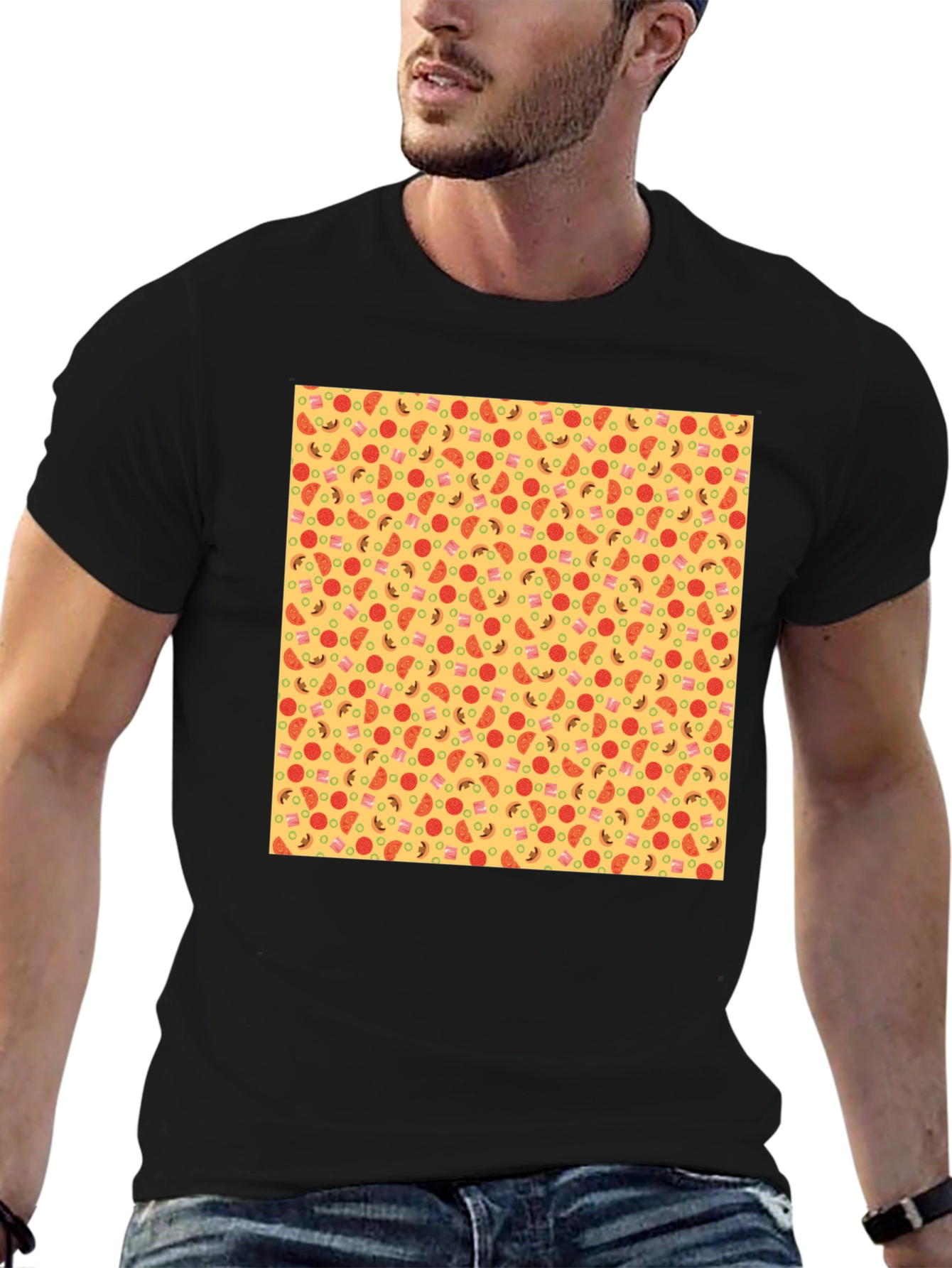 Novelty Pizza Print Black T-Shirt