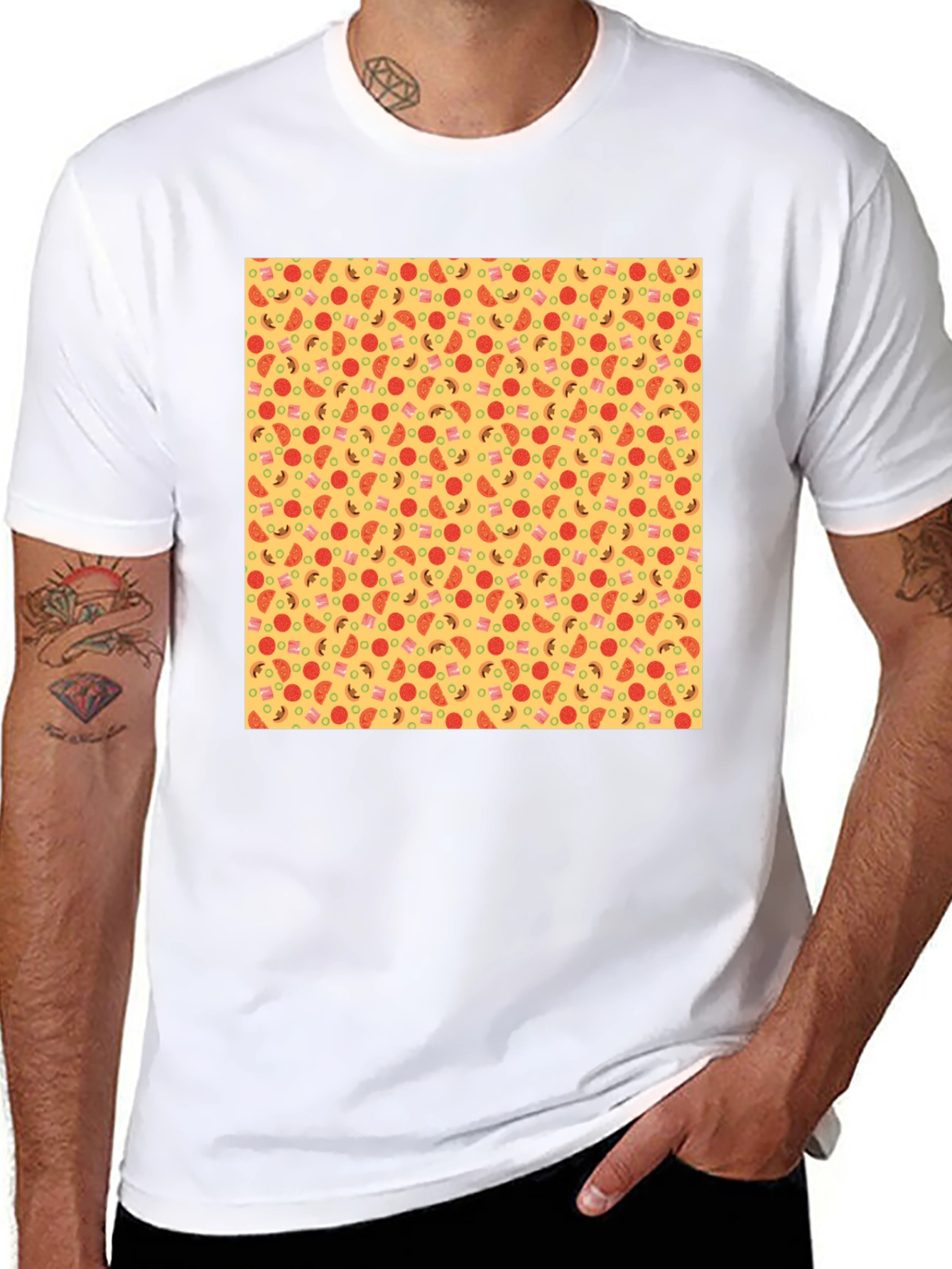Novelty Pizza Print Black T-Shirt