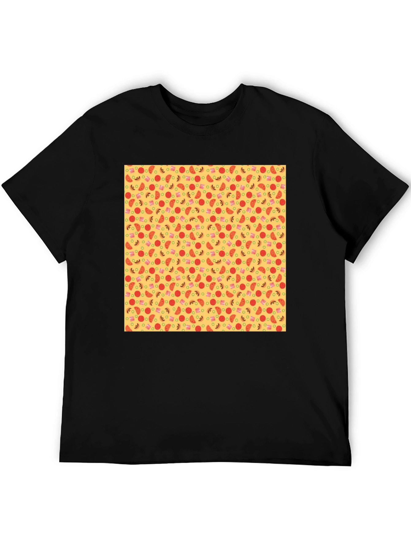Novelty Pizza Print Black T-Shirt