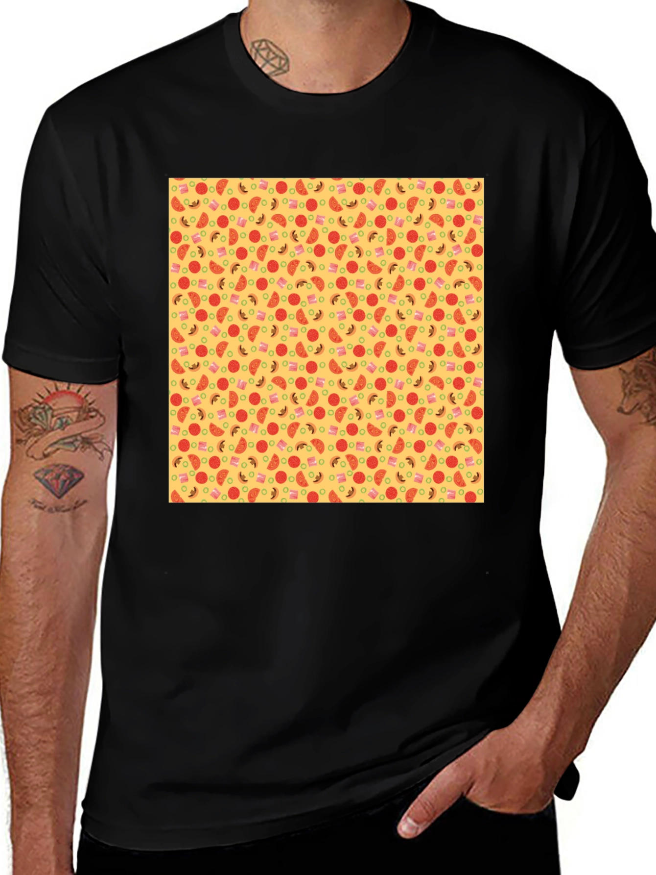 Novelty Pizza Print Black T-Shirt
