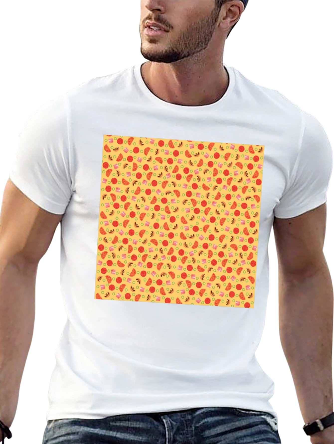 Novelty Pizza Print Black T-Shirt