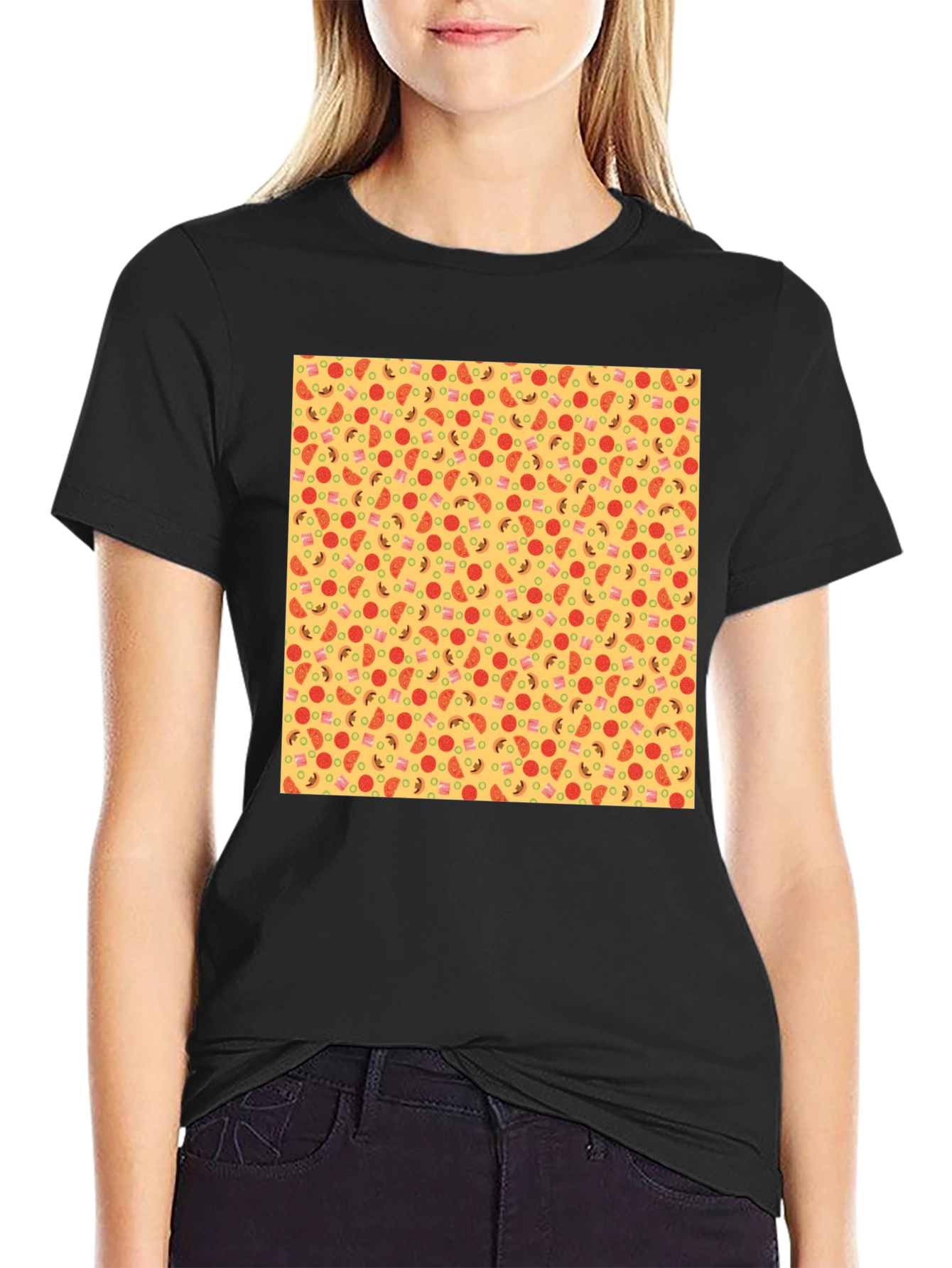 Novelty Pizza Print Black T-Shirt