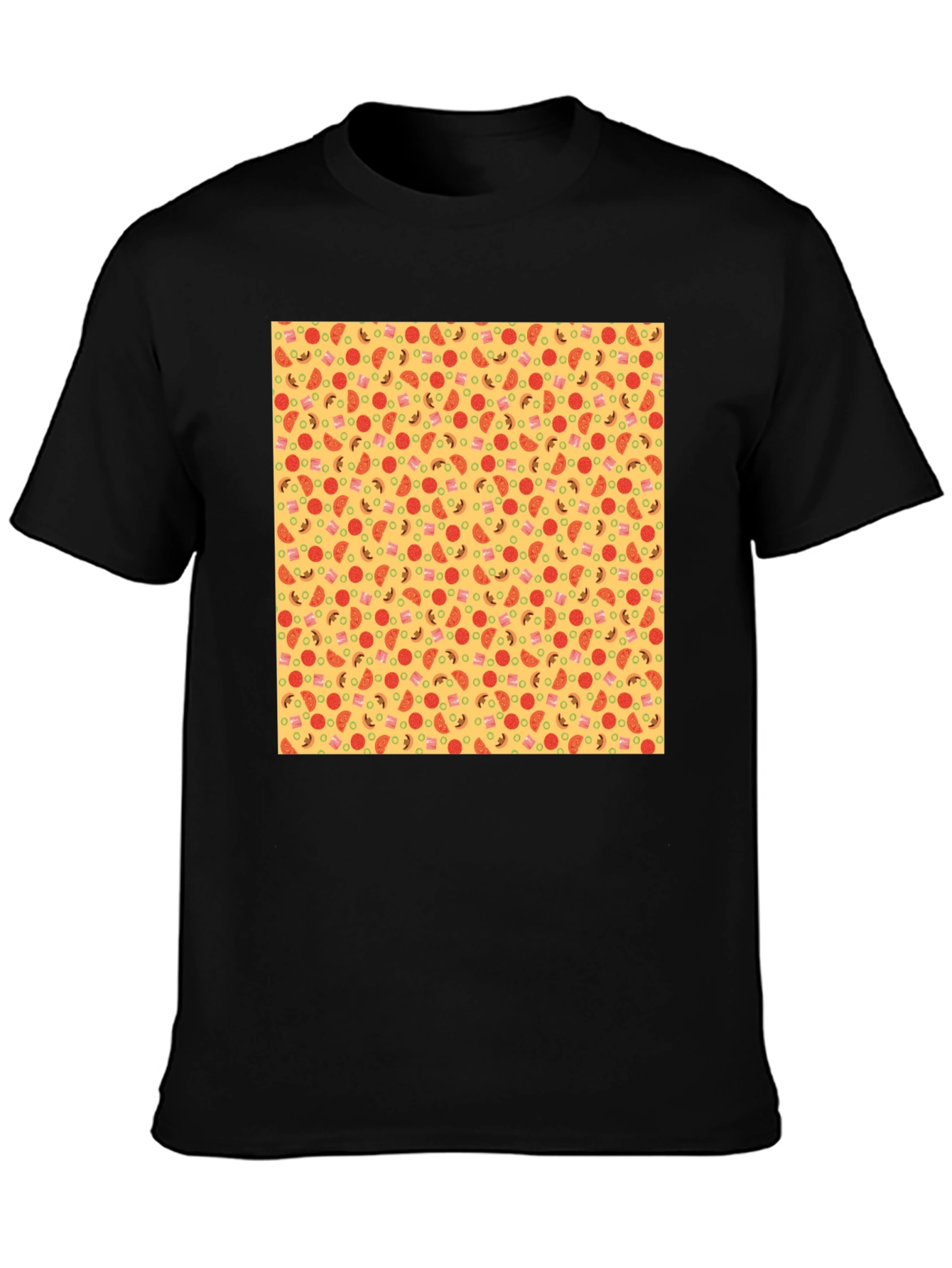 Novelty Pizza Print Black T-Shirt