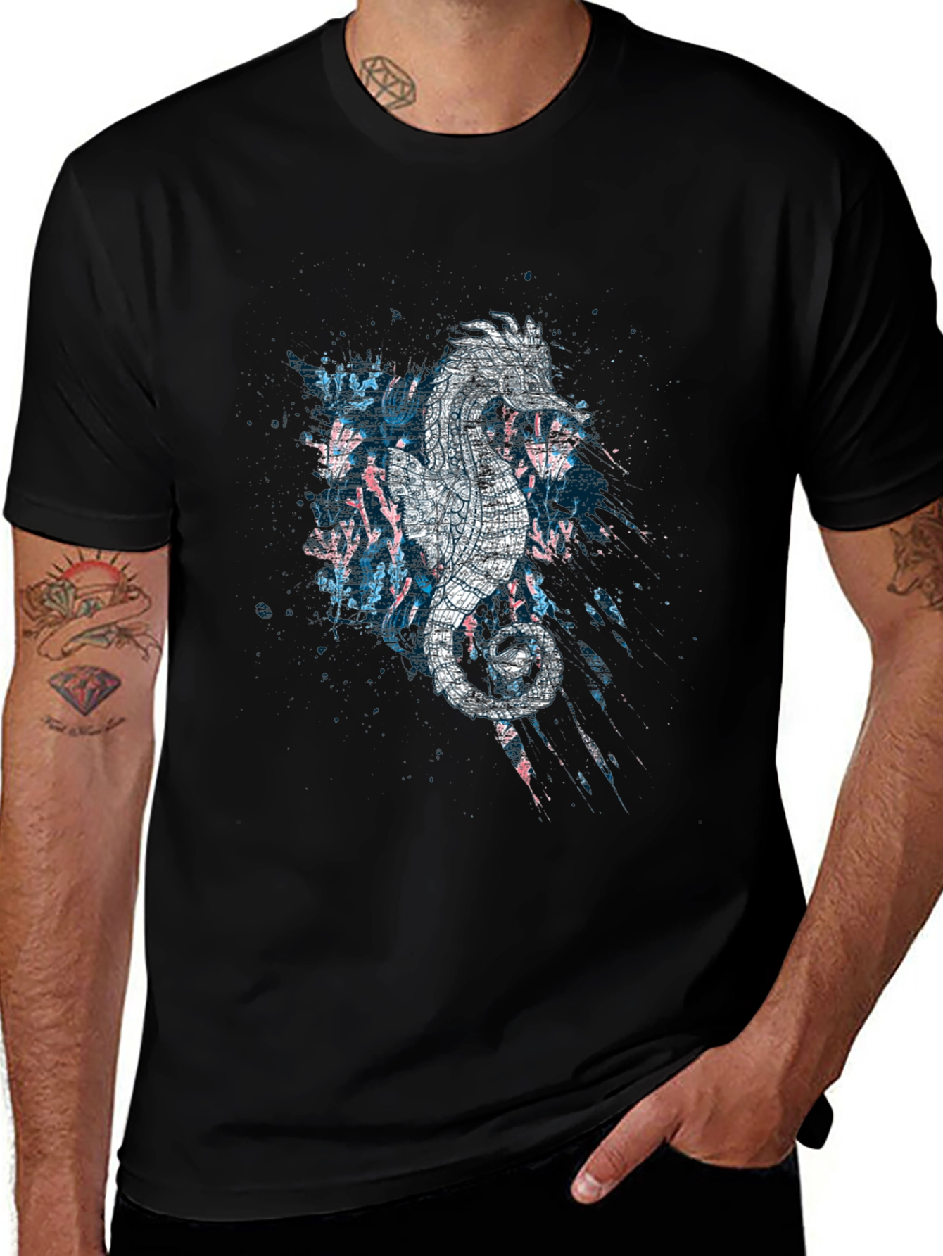 Abstract Seahorse Graphic Print Black T-Shirt