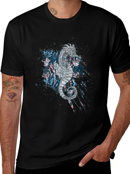 Abstract Seahorse Graphic Print Black T-Shirt