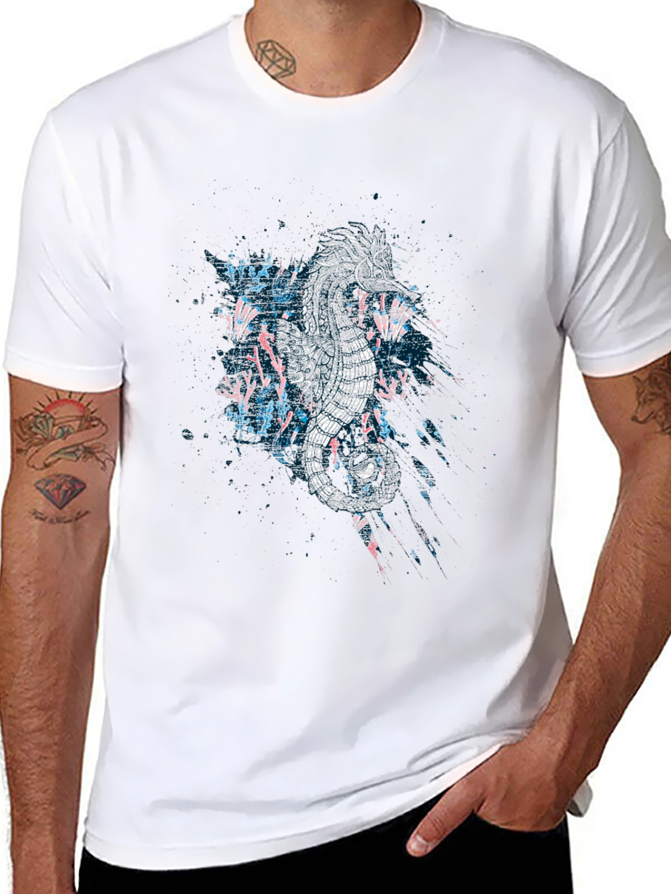 Abstract Seahorse Graphic Print Black T-Shirt