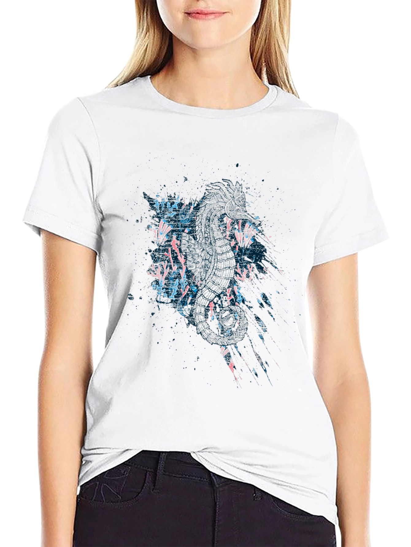 Abstract Seahorse Graphic Print Black T-Shirt