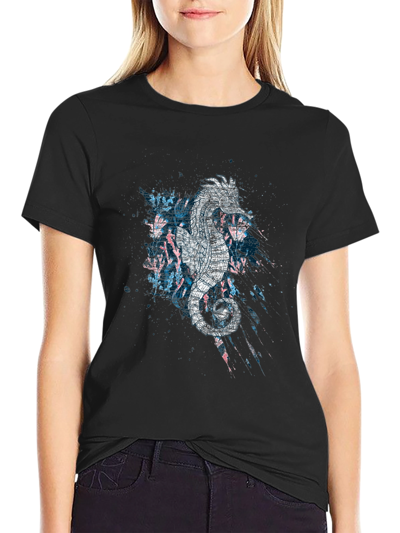 Abstract Seahorse Graphic Print Black T-Shirt