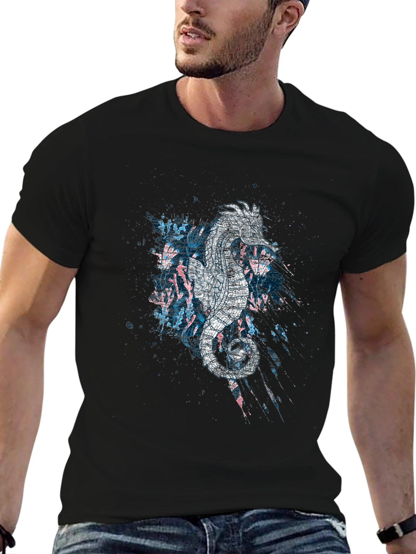 Abstract Seahorse Graphic Print Black T-Shirt
