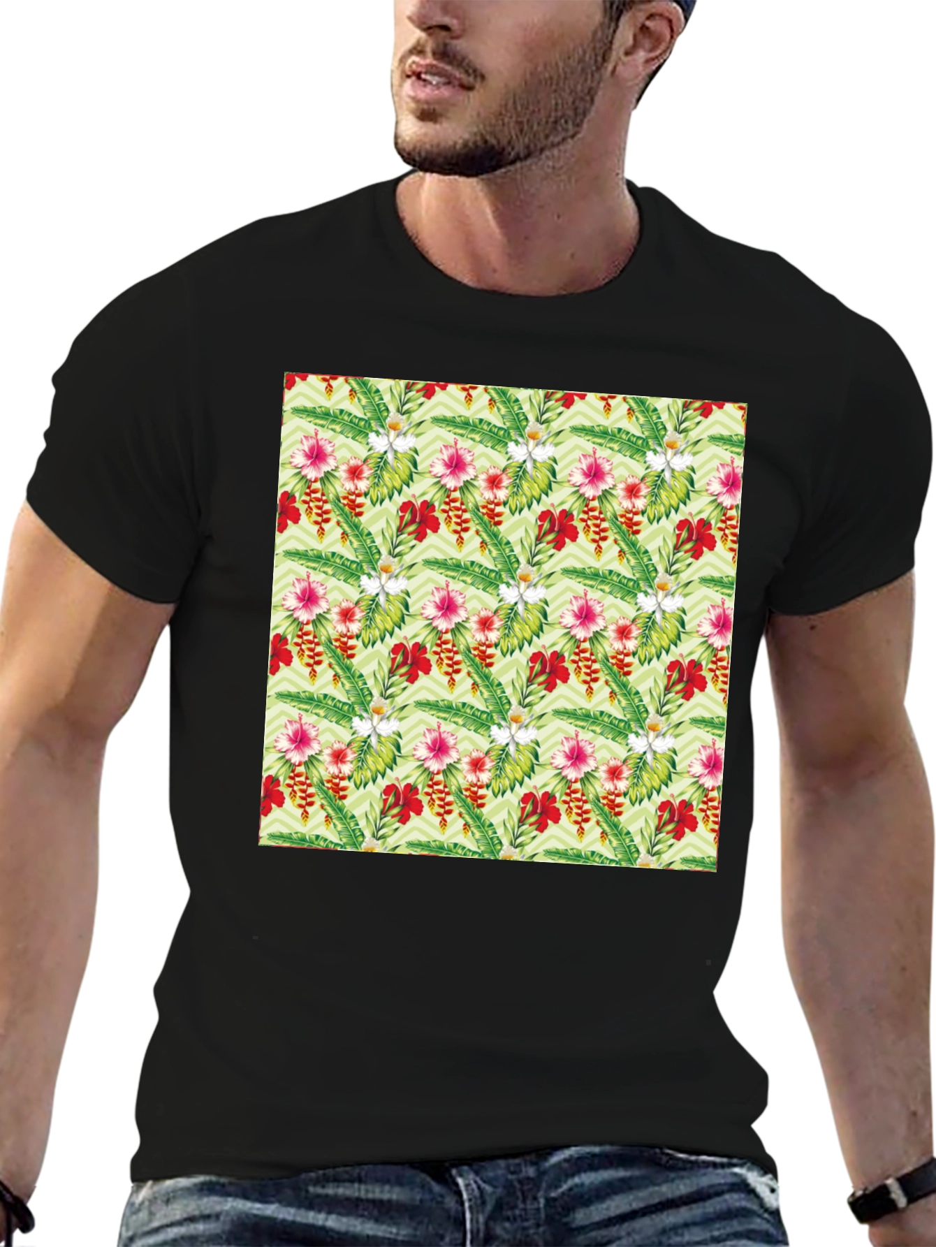 Tropical Floral Print Black T-Shirt