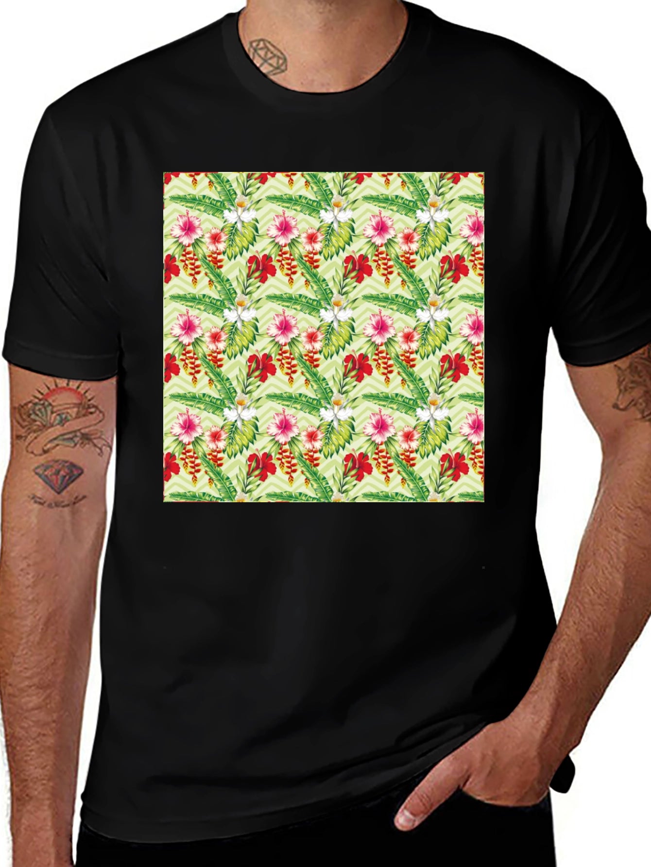 Tropical Floral Print Black T-Shirt