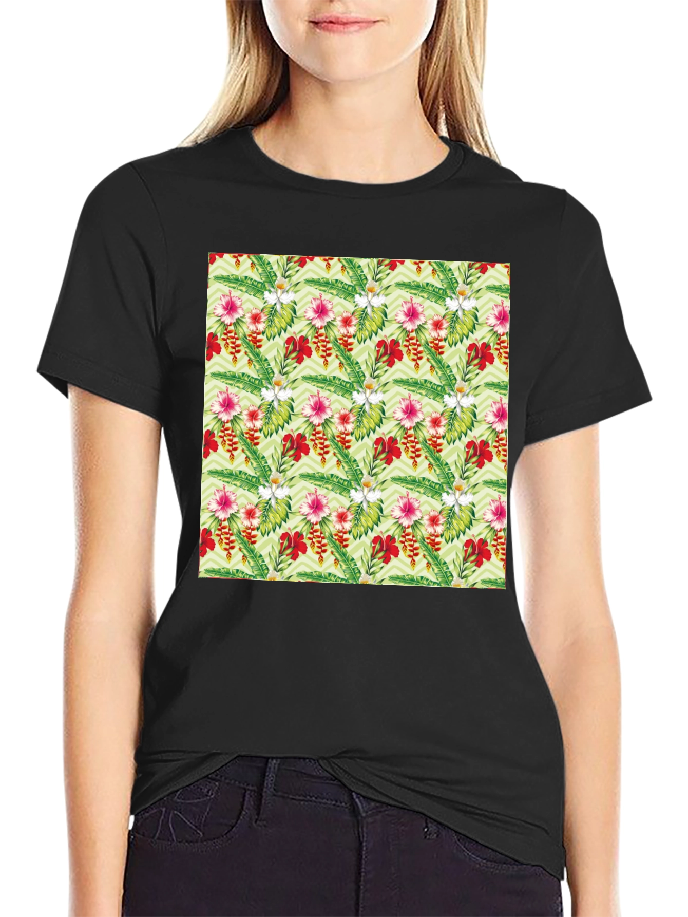 Tropical Floral Print Black T-Shirt