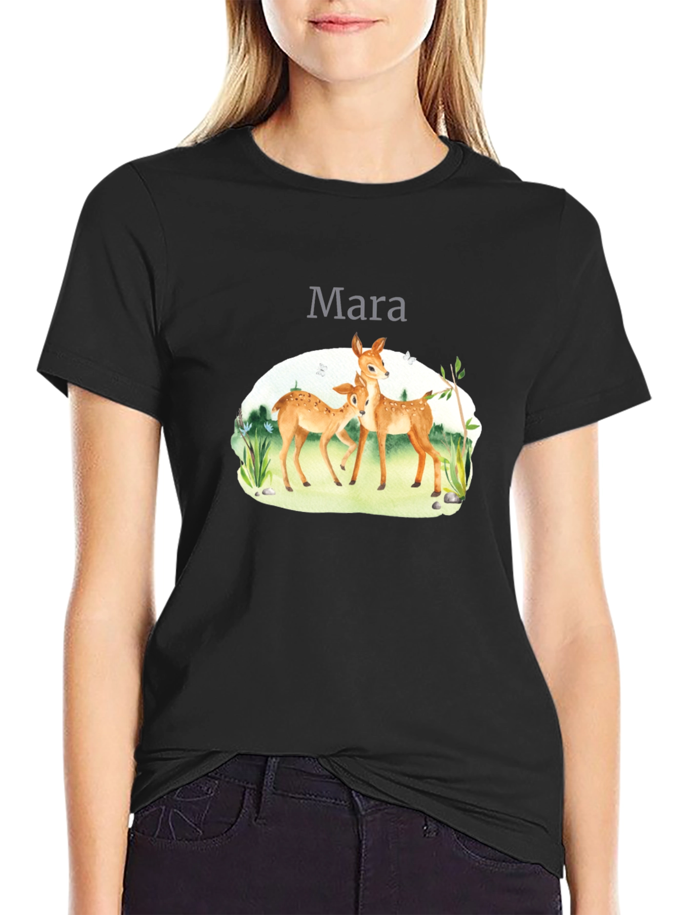 Mara Deer Graphic Tee - Black Cotton Comfort