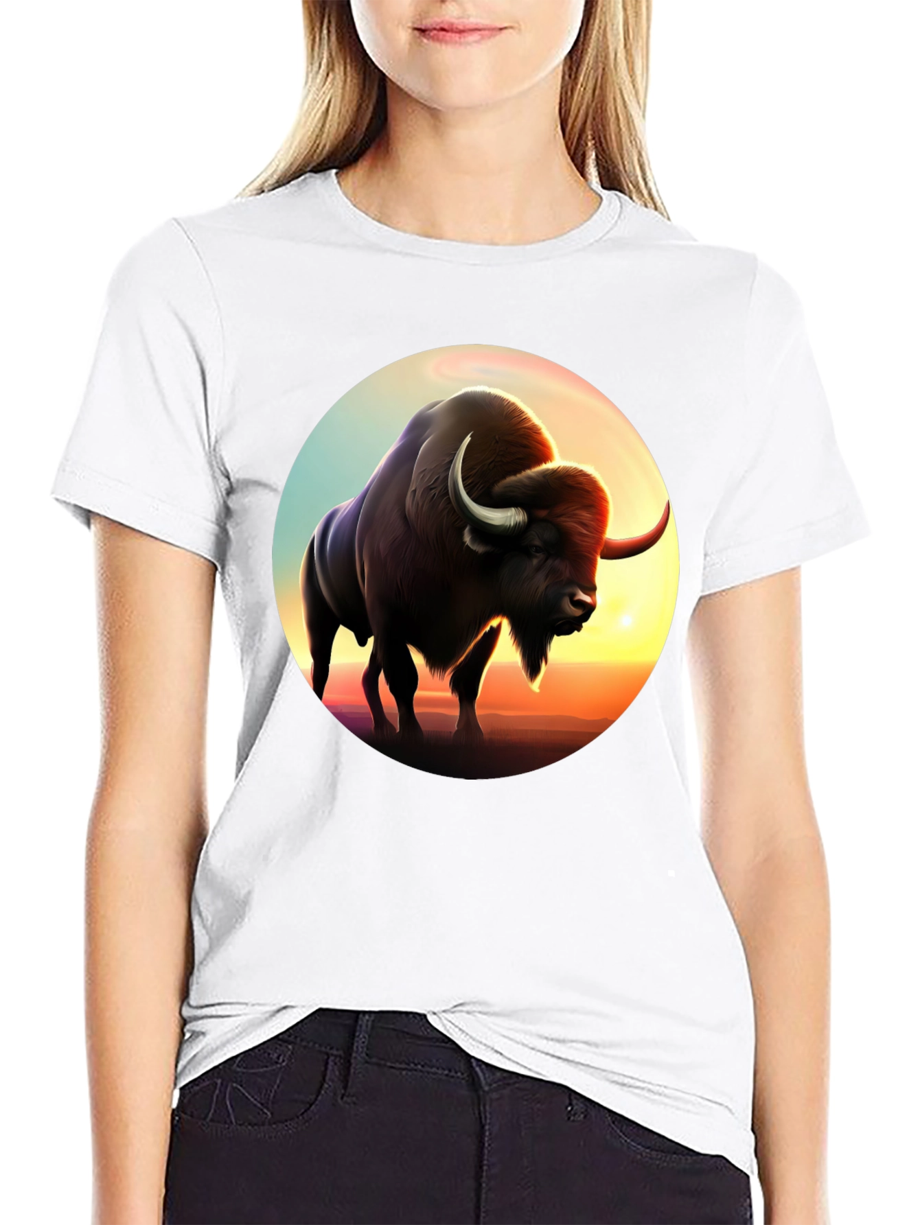 Bison Sunset Graphic Tee - Black Cotton