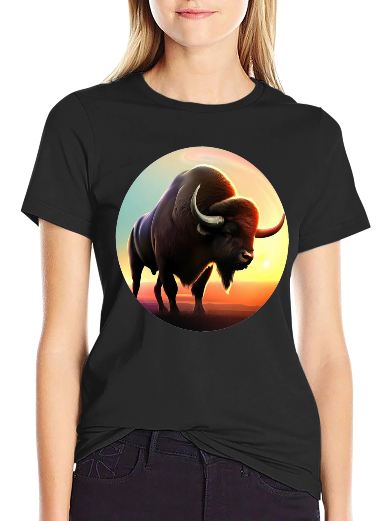 Bison Sunset Graphic Tee - Black Cotton