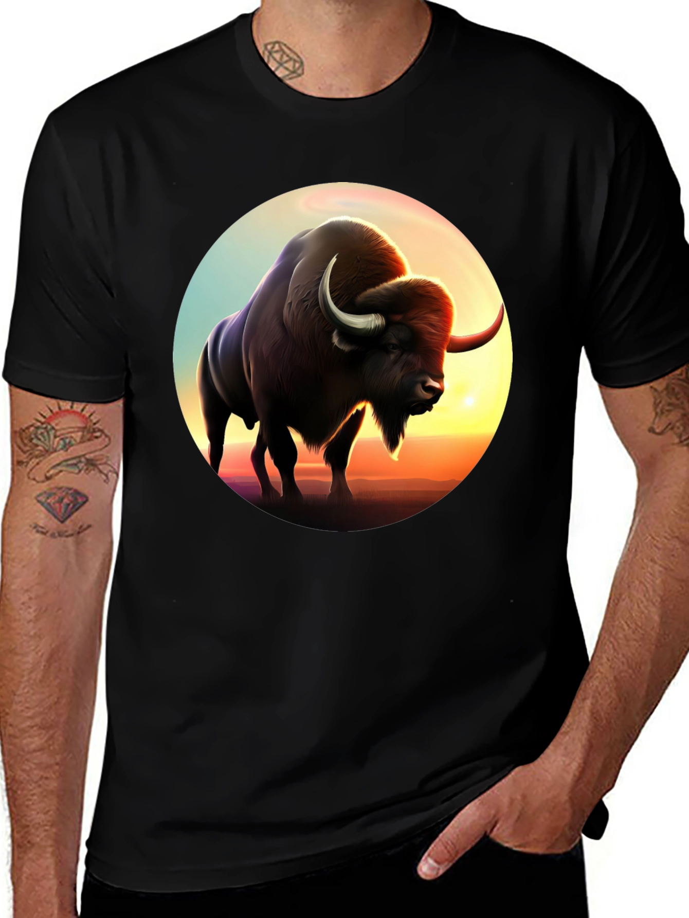 Bison Sunset Graphic Tee - Black Cotton