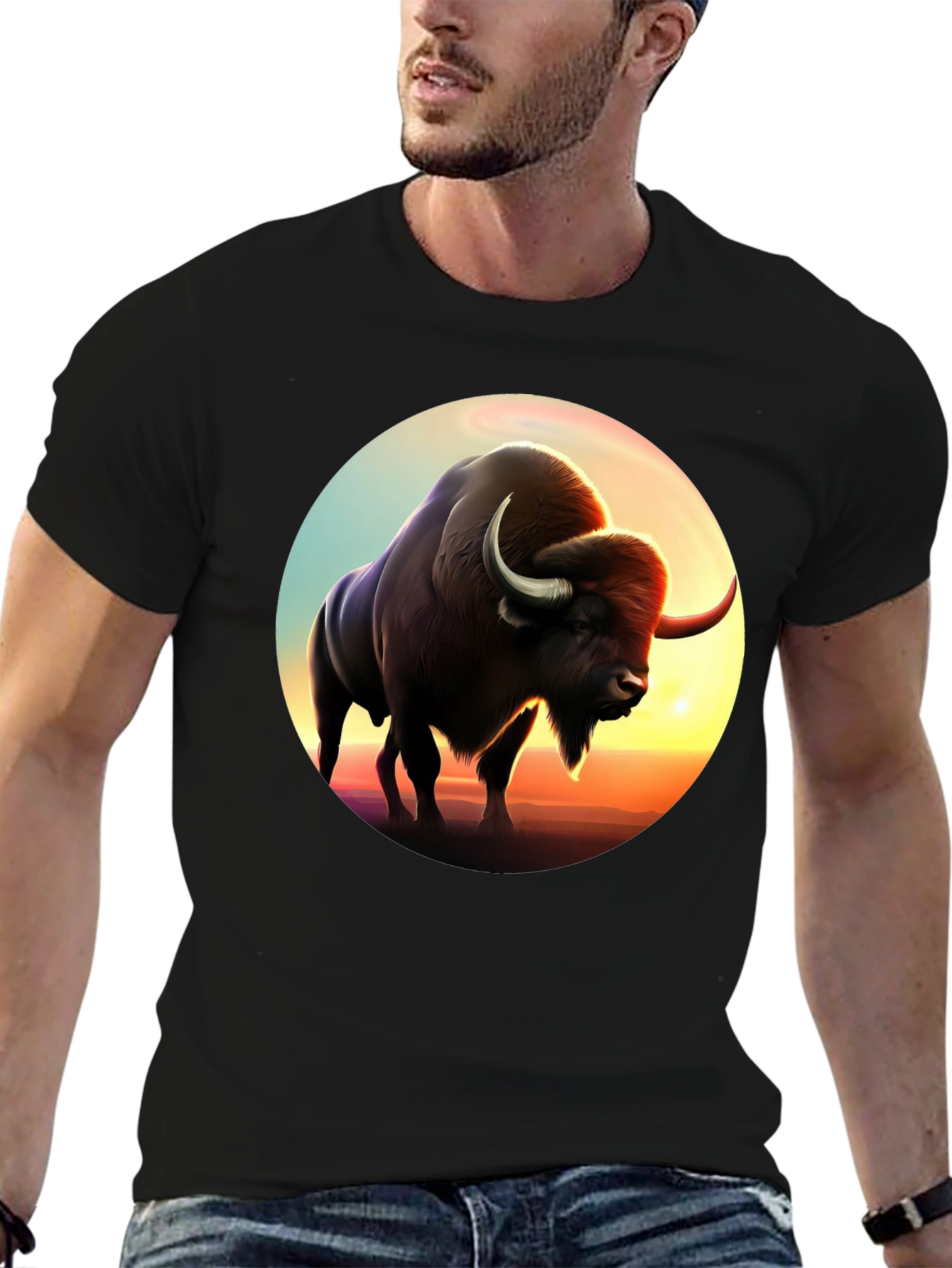 Bison Sunset Graphic Tee - Black Cotton
