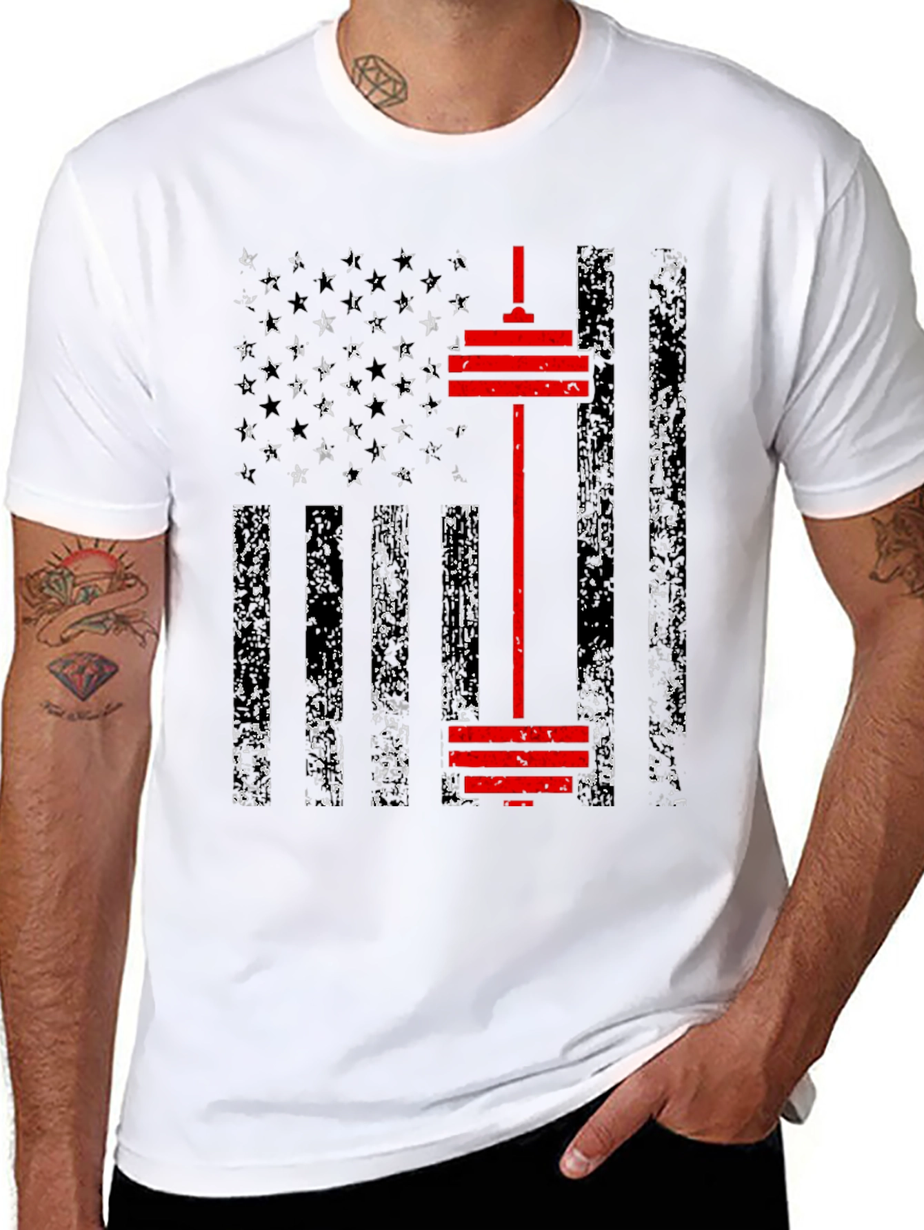 Patriotic Gym T-Shirt - American Flag Barbell Design