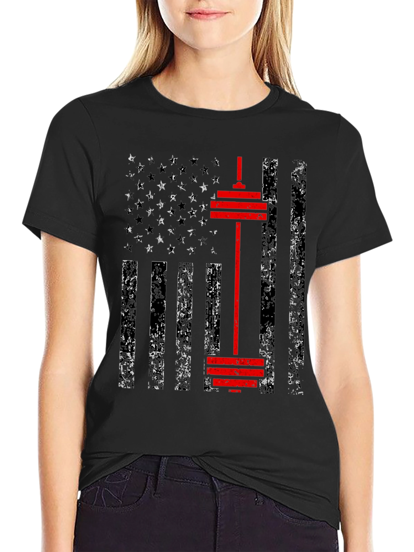 Patriotic Gym T-Shirt - American Flag Barbell Design