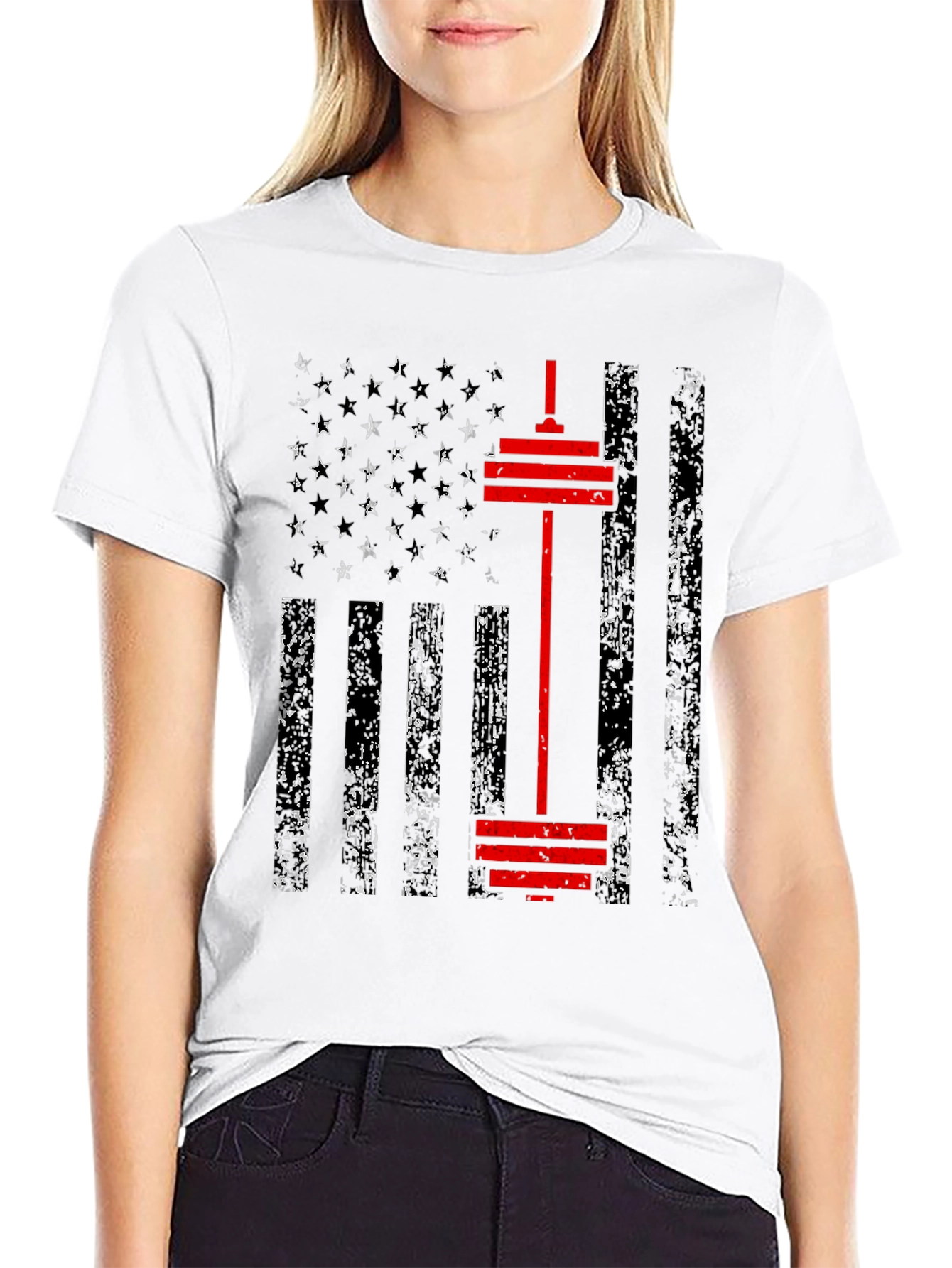 Patriotic Gym T-Shirt - American Flag Barbell Design