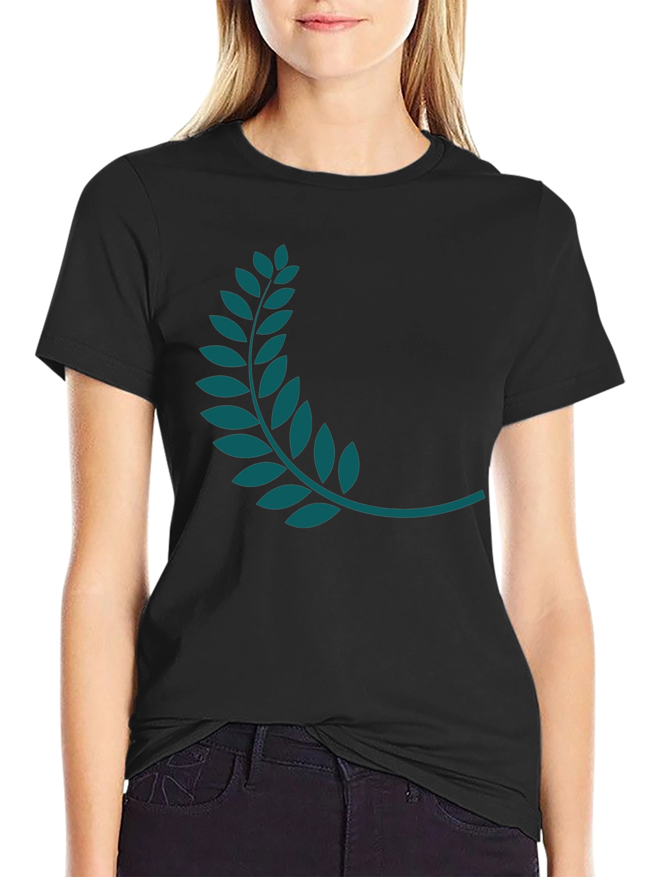 Black Tee with Teal Laurel Wreath Graphic