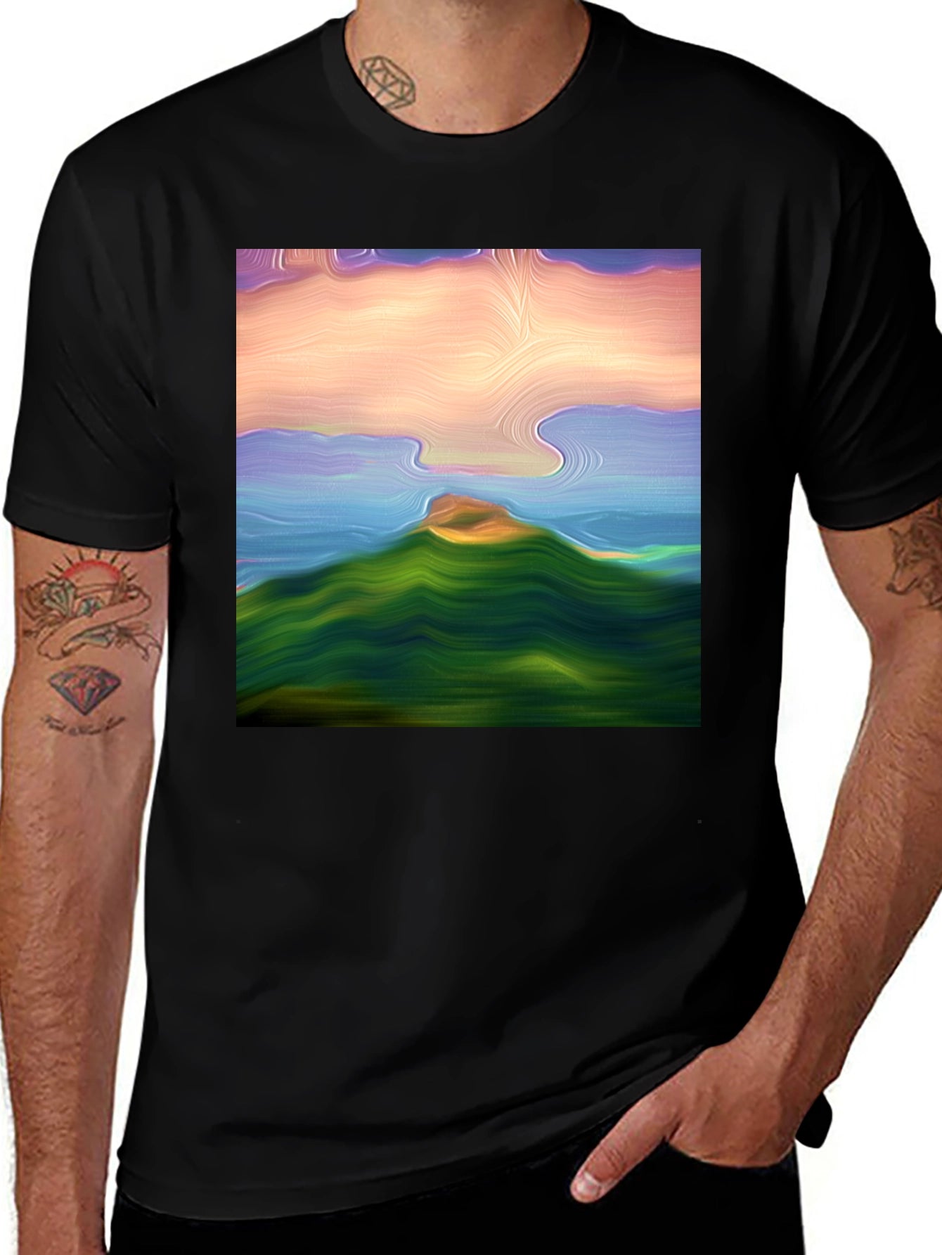 Abstract Landscape Graphic Tee - Black Cotton Blend Shirt
