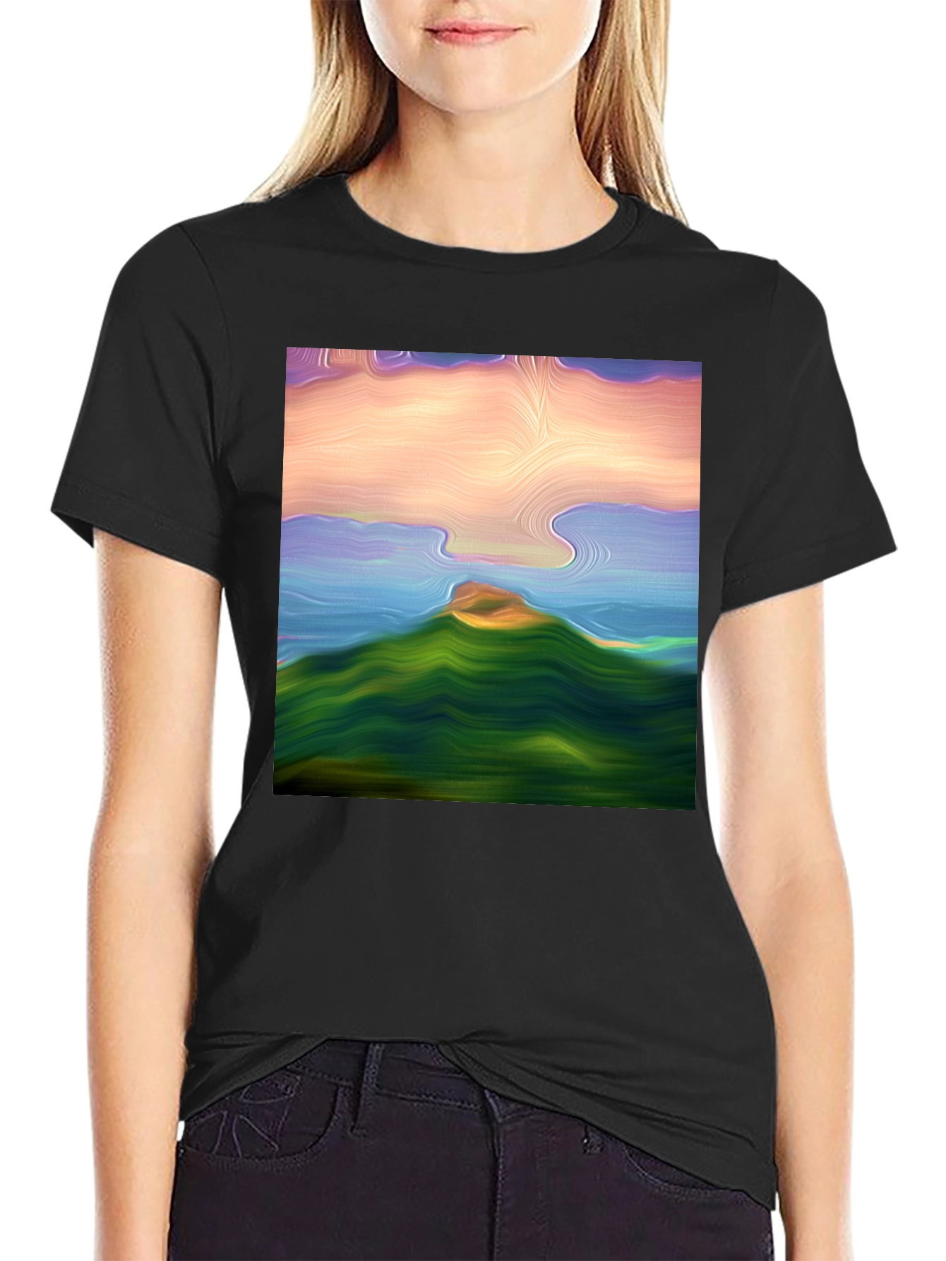 Abstract Landscape Graphic Tee - Black Cotton Blend Shirt