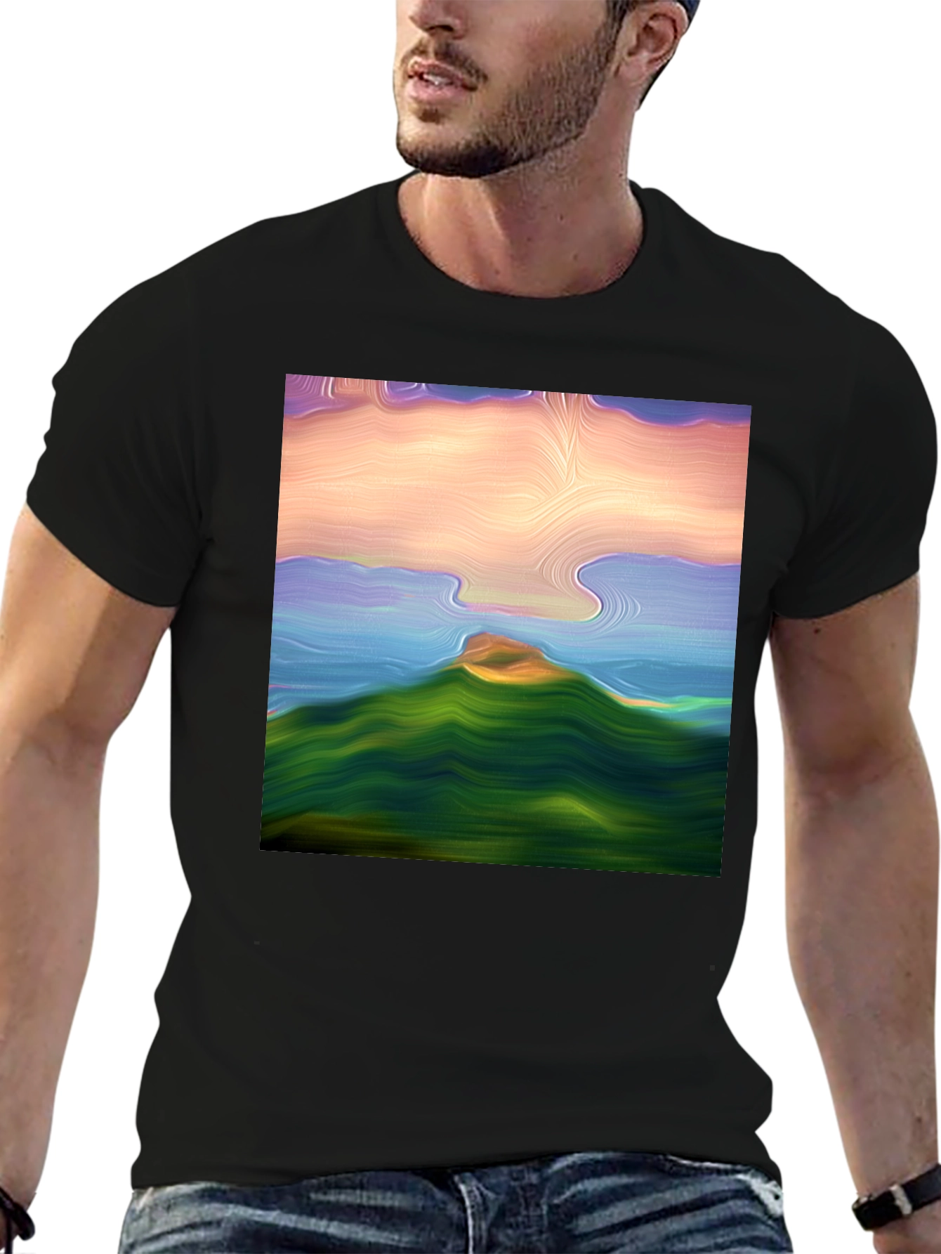 Abstract Landscape Graphic Tee - Black Cotton Blend Shirt