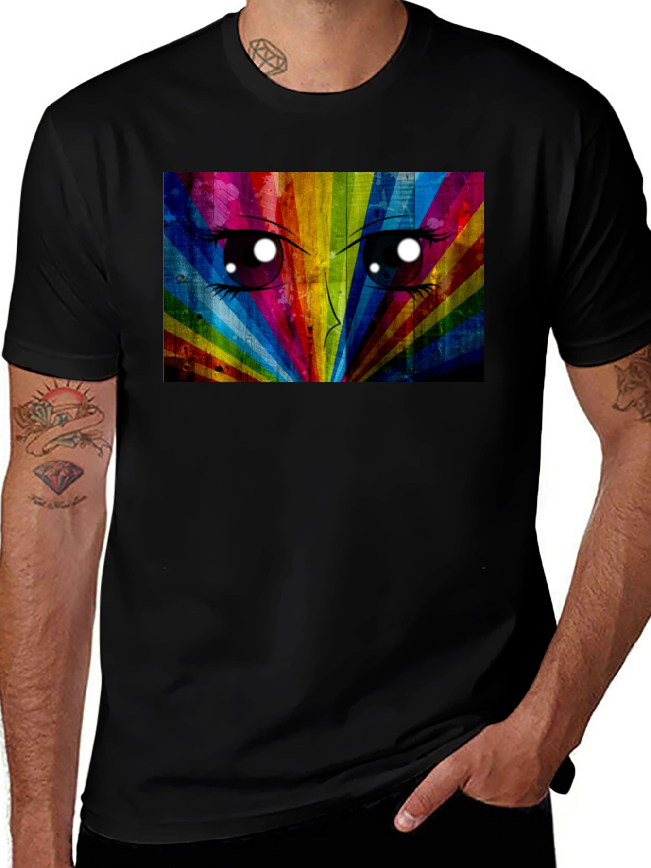 Rainbow Anime Eyes Black T-Shirt