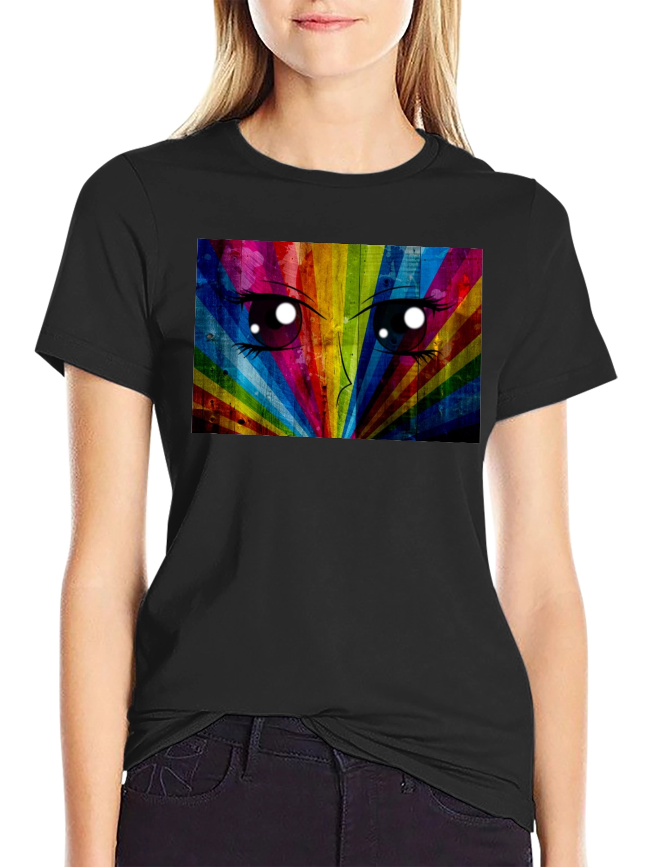 Rainbow Anime Eyes Black T-Shirt